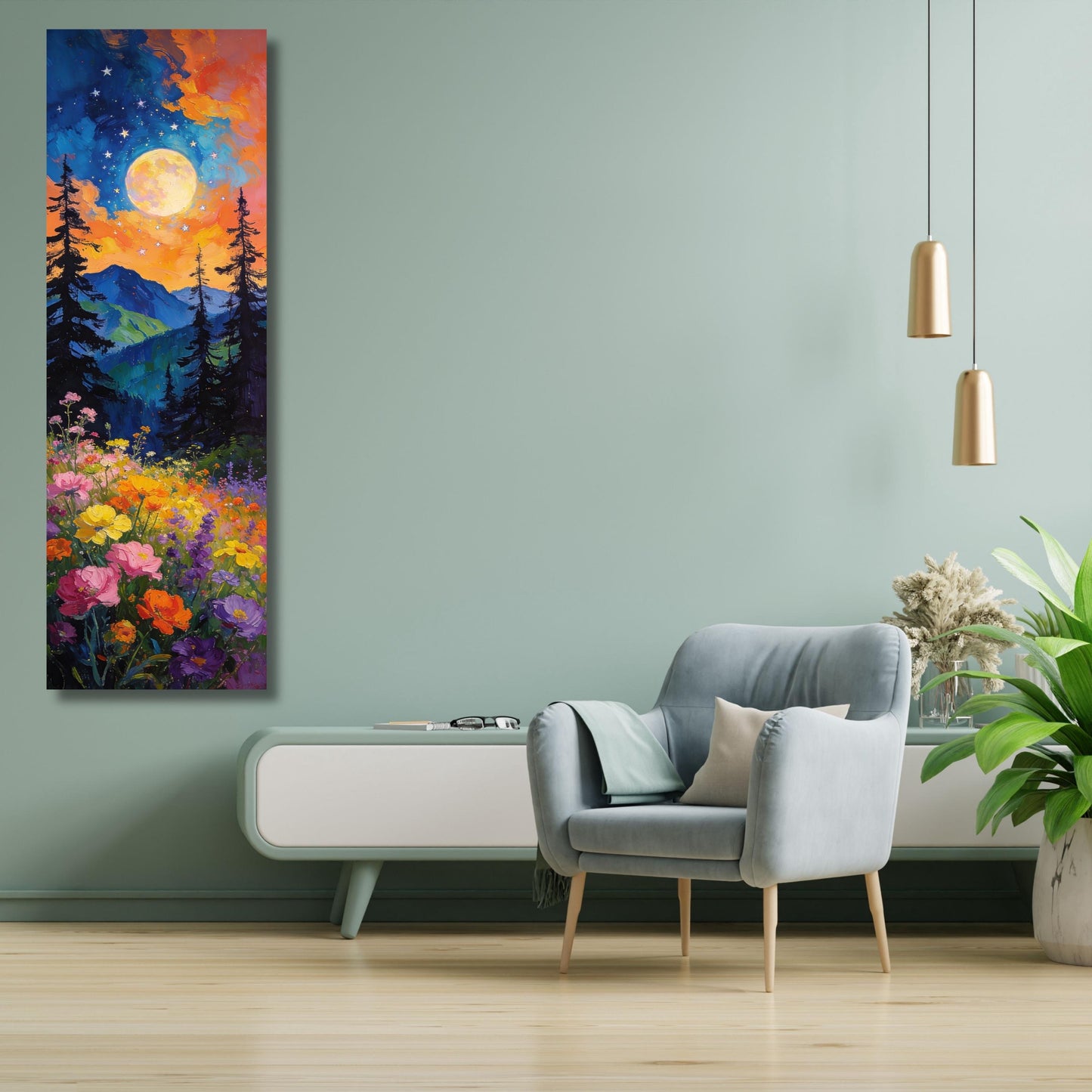 Panoramic Boho Mountain Landscape Canvas Wall Art, Framed Canvas Japanese Style Mid Century Exhibition Large Modern Living Room Decor