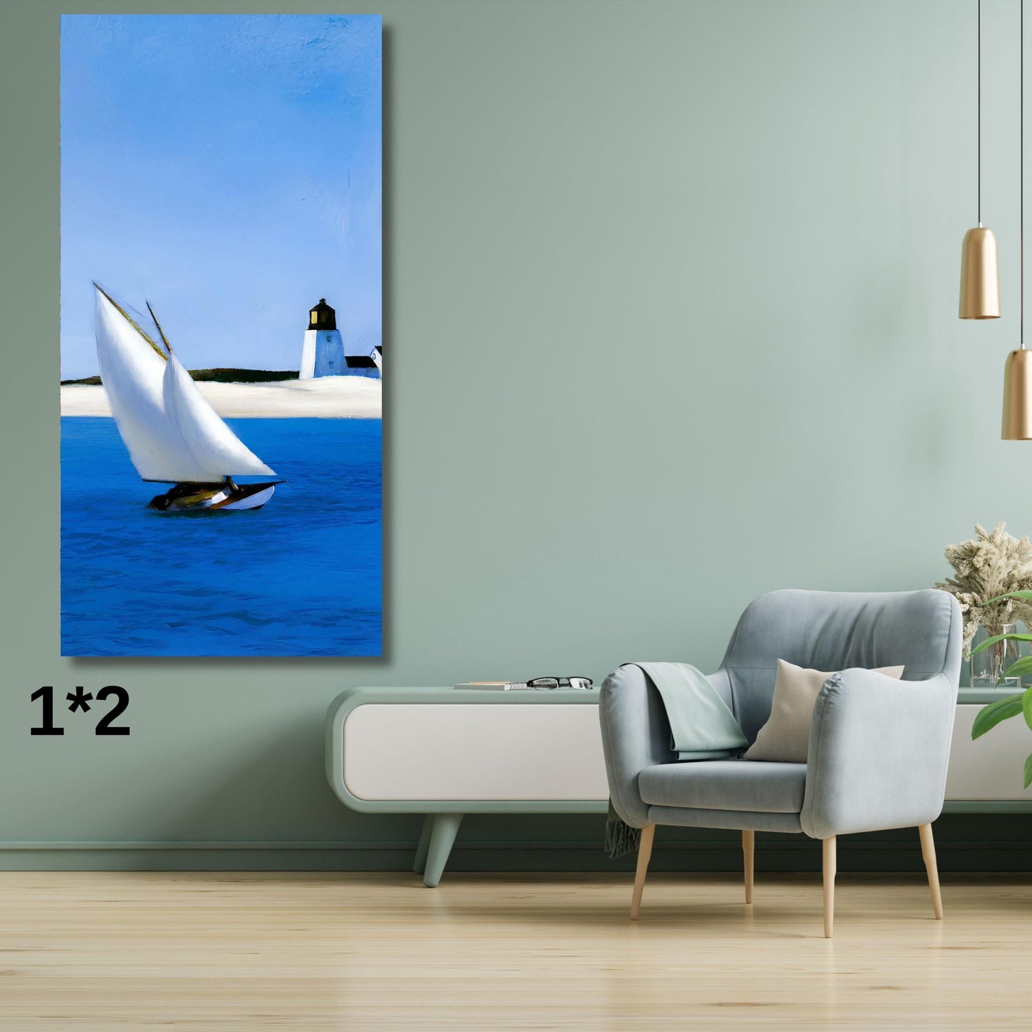 Edward Hopper Style Canvas Art,The Long Leg Reimagined,Vertical Sailing Wall Decor, Modern Nautical Lighthouse Print, Tall Coastal Wall Art