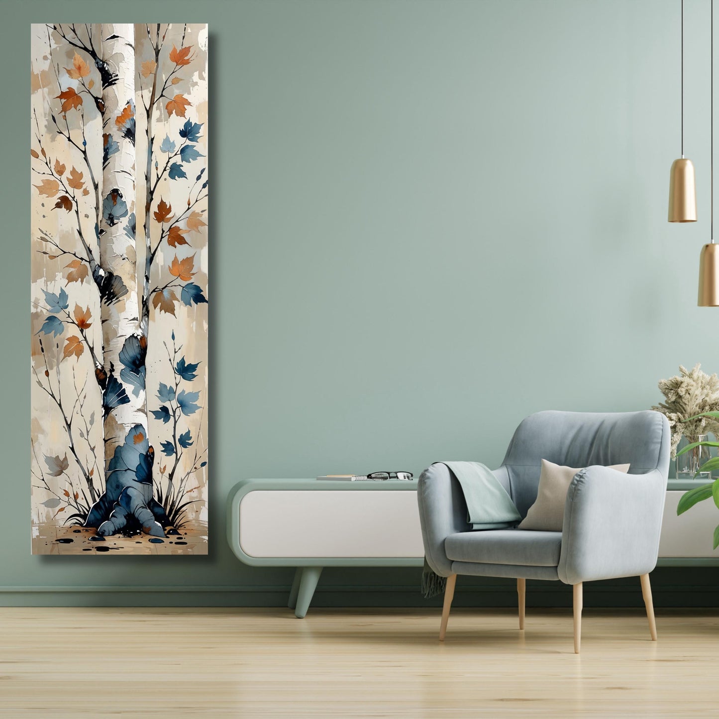Long Narrow Canvas Wall Art Vertical Nature Print Tall Modern Poplar Tree or Mountain Wall Decor for Hallway, Small Space Styling Print