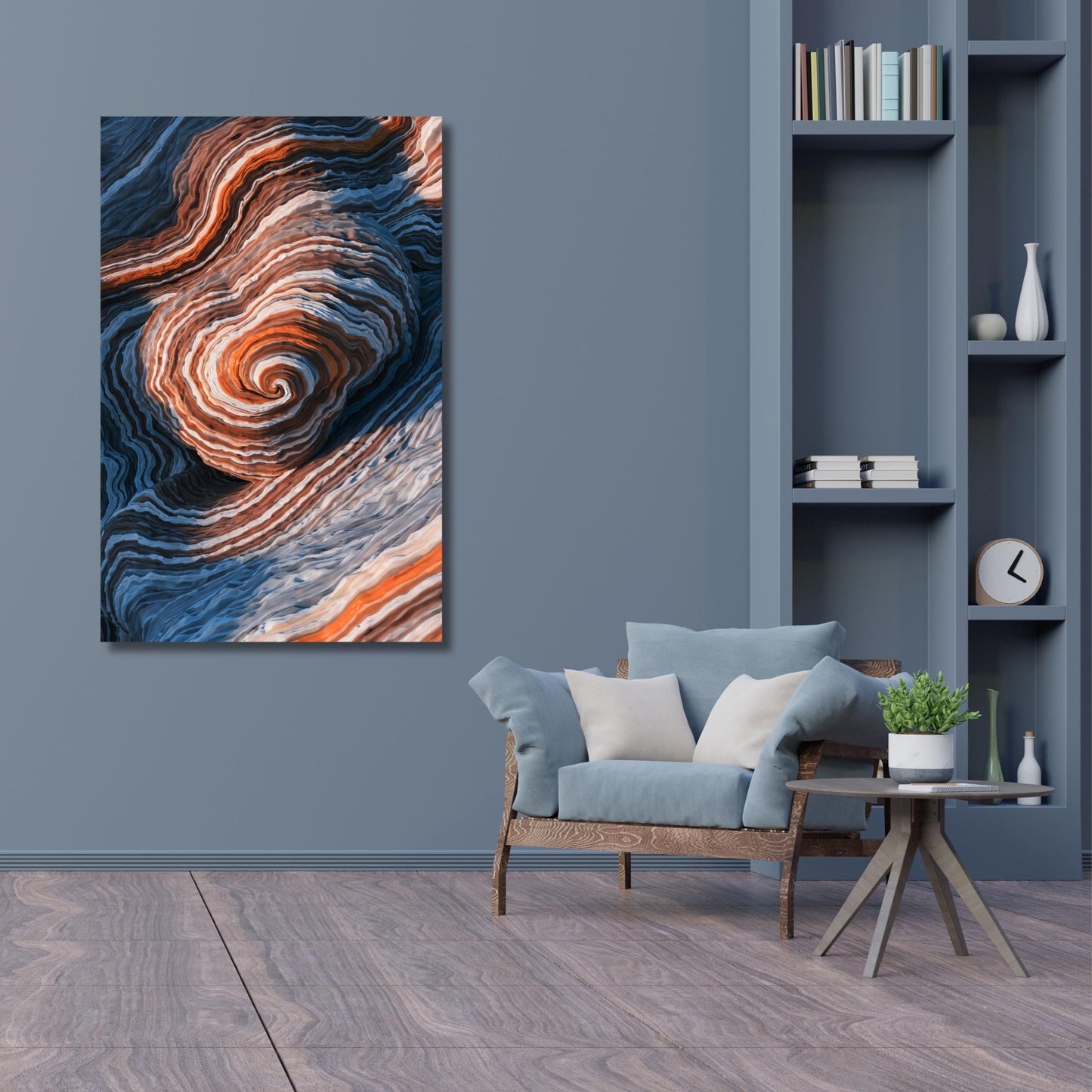 Abstract Swirl Rock Formation Canvas Art, Blue and Orange Geological Wall Decor, Modern Layered Canyon Texture Mural, Tall Vertical Nature