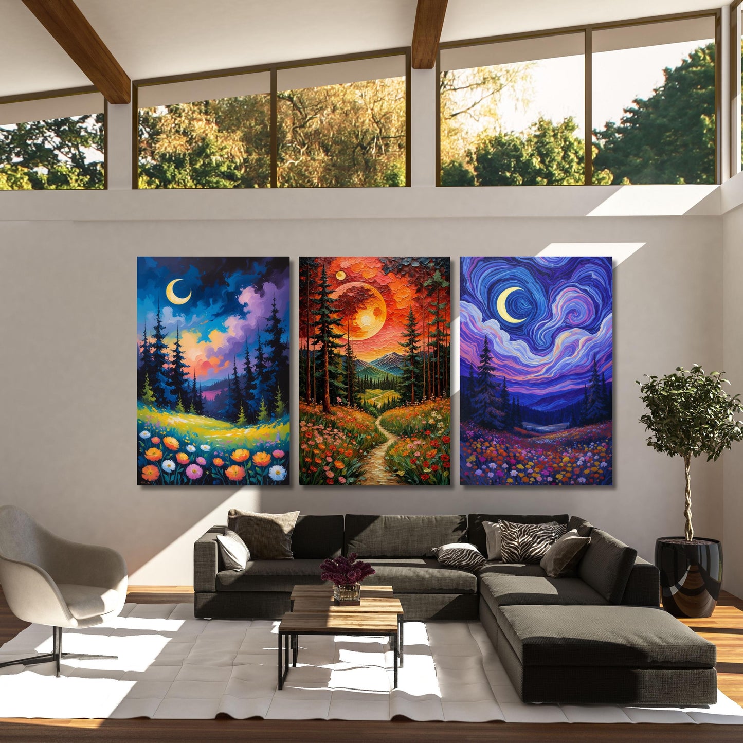 Set of 3 Klimt Style Night Full Moon & Crescent Canvas, Golden Stars Wall Art, Modern Flowers Night Sky Print, Celestial Bedroom Decor Art