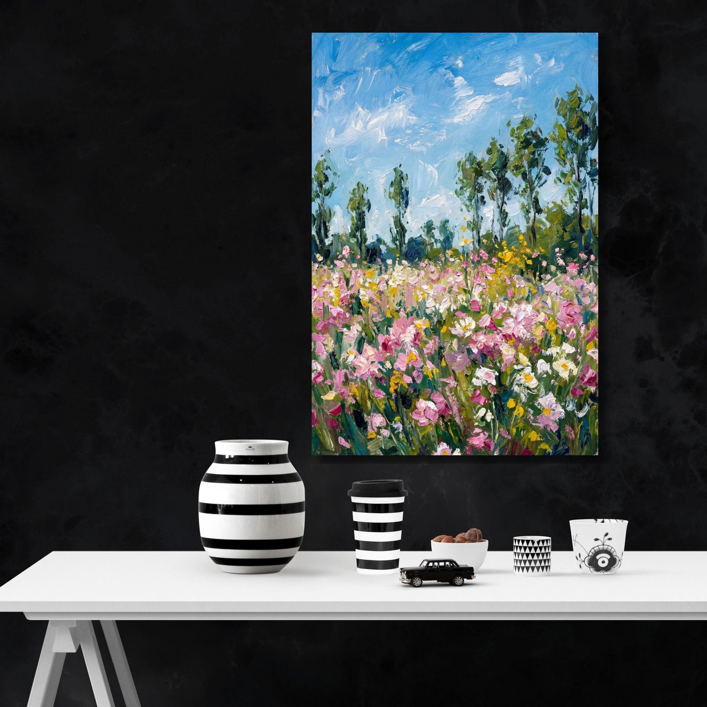 Klimt style Botanical Landscape, Horizontal Large Framed Canvas Art, Oversize Nature Print with Elegant Wood Frames, Modern Wall Hangings
