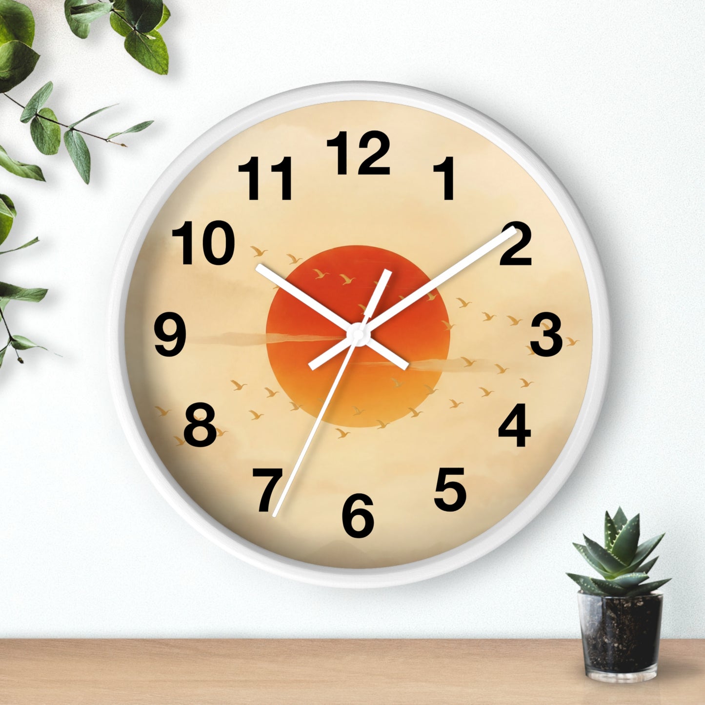 Sunset Sun with Flying Birds Wall Clock | Minimal Retro Sunrise Design