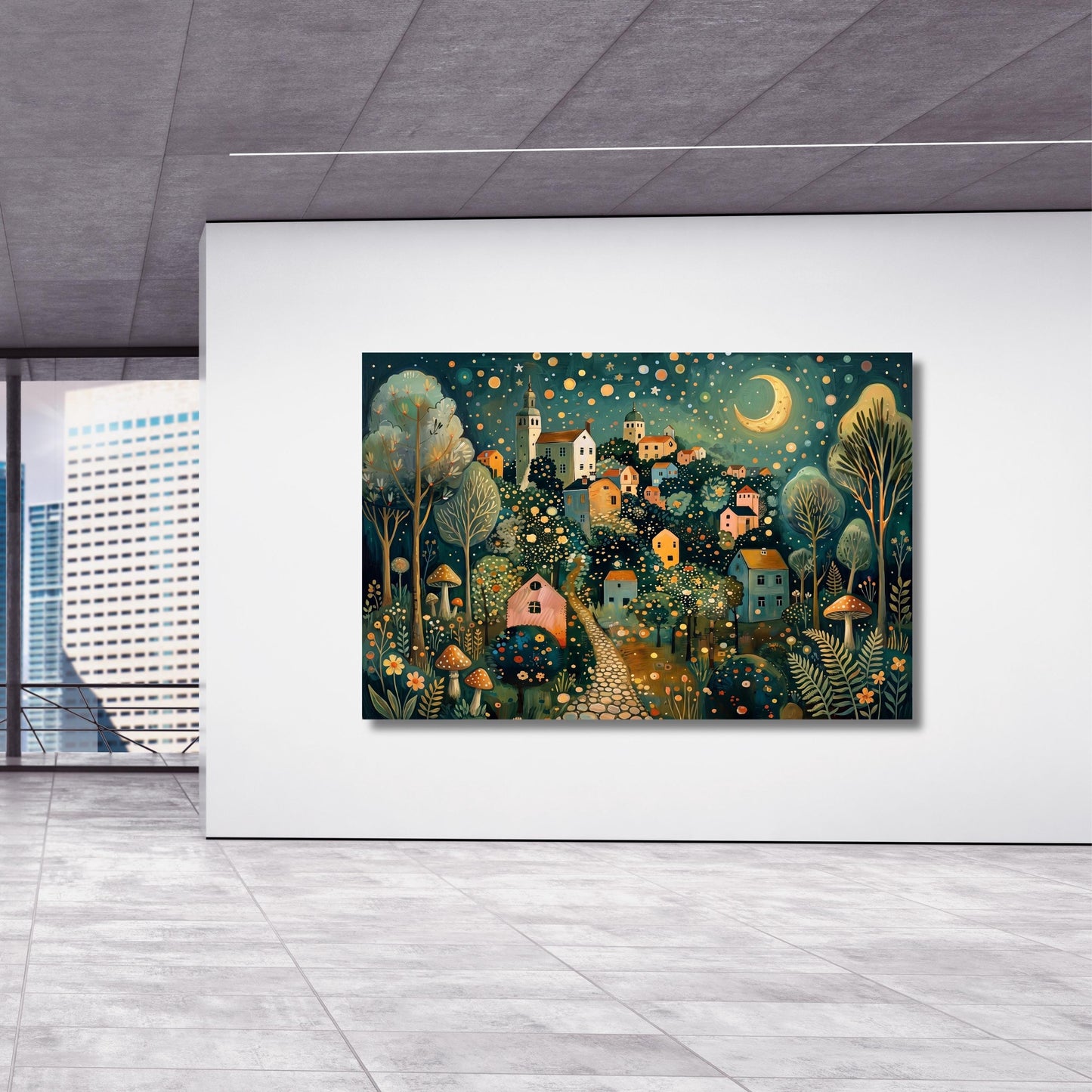 Klimt Style Whimsical Night Village Canvas Wall Art – Moonlit Forest Landscape Fantasy Decor