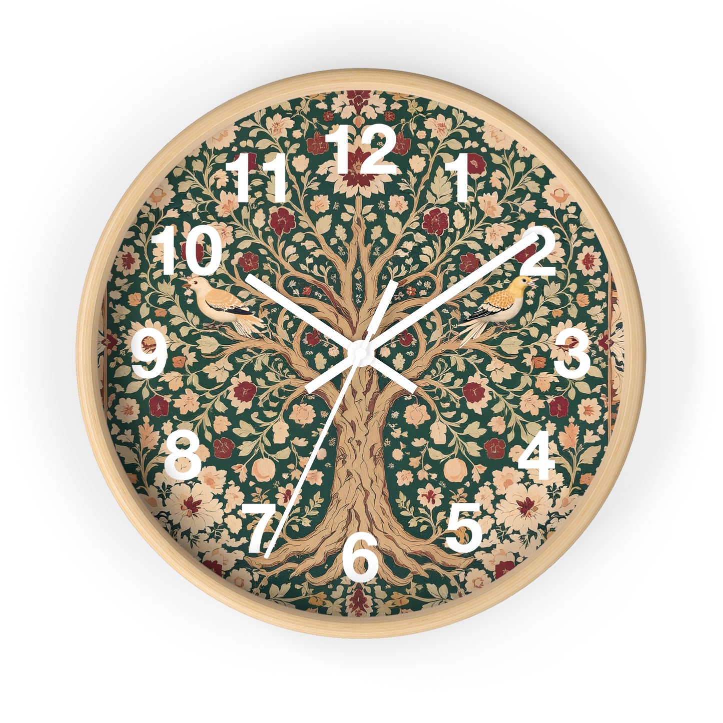 Floral Tree of Life Wall Clock | Vintage Botanical Design, Green & Red