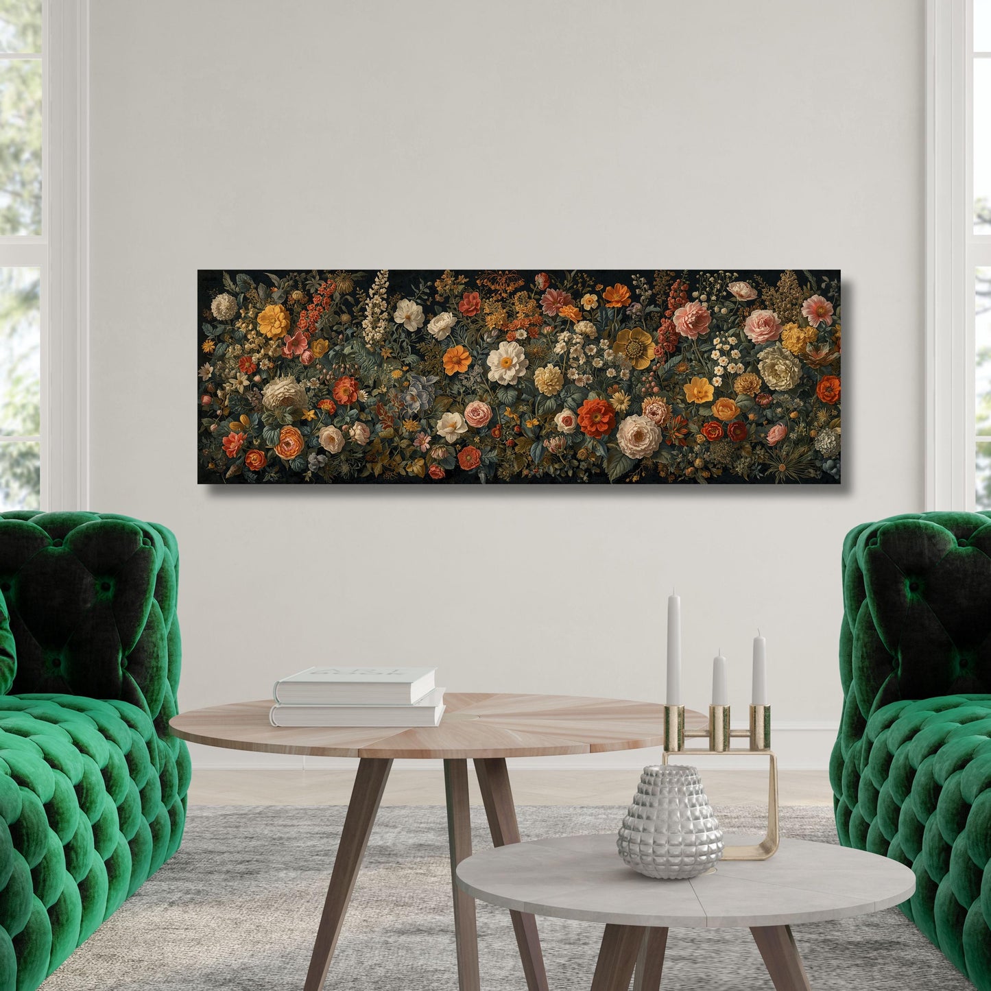 Floral Panorama Canvas Art, Moody Botanical Wildflower Wall Decor, Framed Garden Print Ready to Hang, Large Horizontal Flower Poster Art