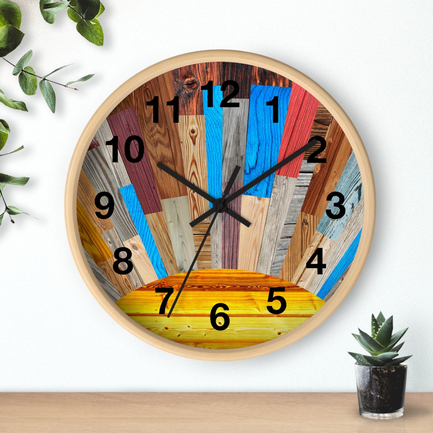 Sunrise Wood Planks Wall Clock | Colorful Rustic Sunburst