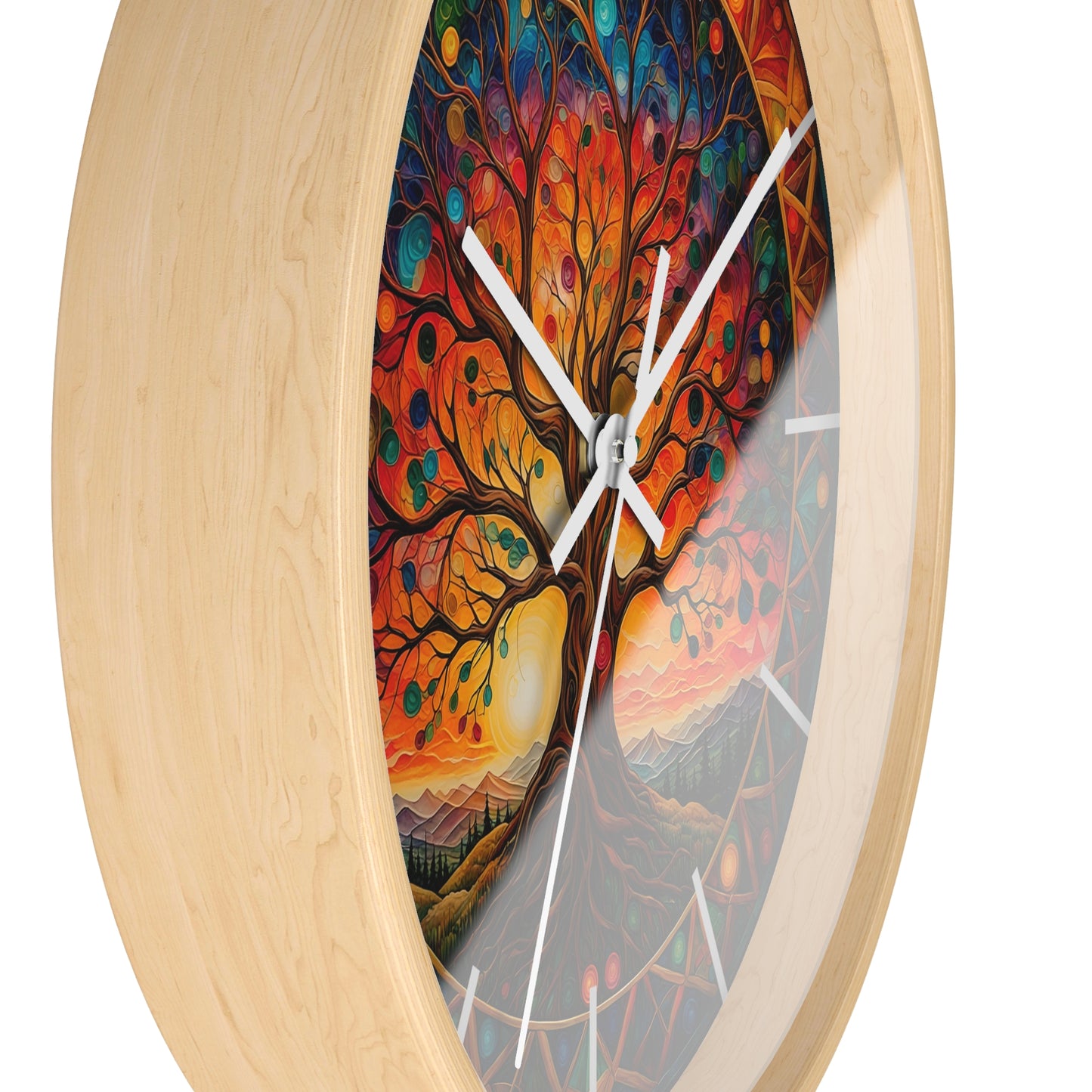 Colorful Tree of Life Wall Clock | Stained Glass Mandala, Sunset Landscape