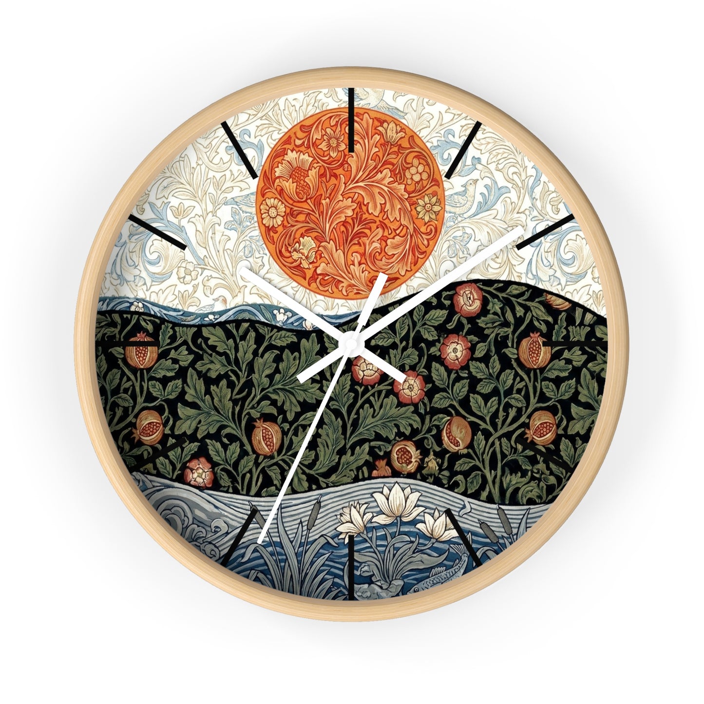 William Morris Style Floral Sun Wall Clock | Botanical Art Clock