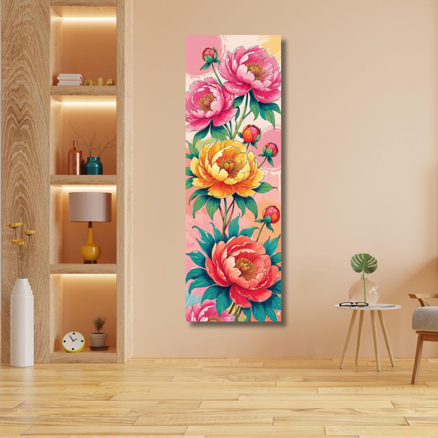 Long Narrow Panoramic Summer Peony Canvas – Elegant Floral Wall Art for Bedroom or Hallway – Soft Pink Botanical Print for Home Decor art