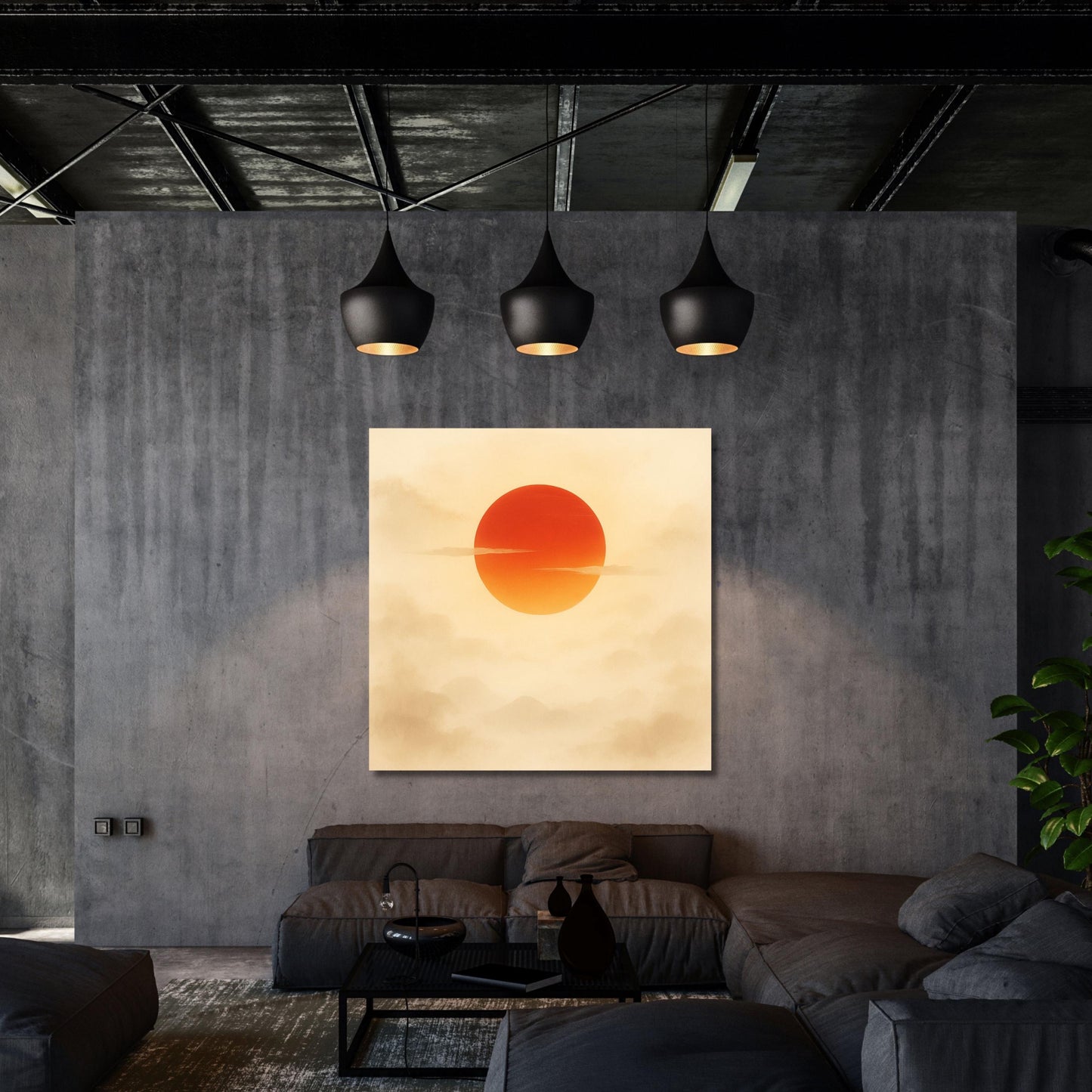 Sage Moon Japandi Canvas Wall Art, Flock of Birds Framed Print, Japanese Rising Sun Canvas, Square Oriental Wall Decor for Living Room gift