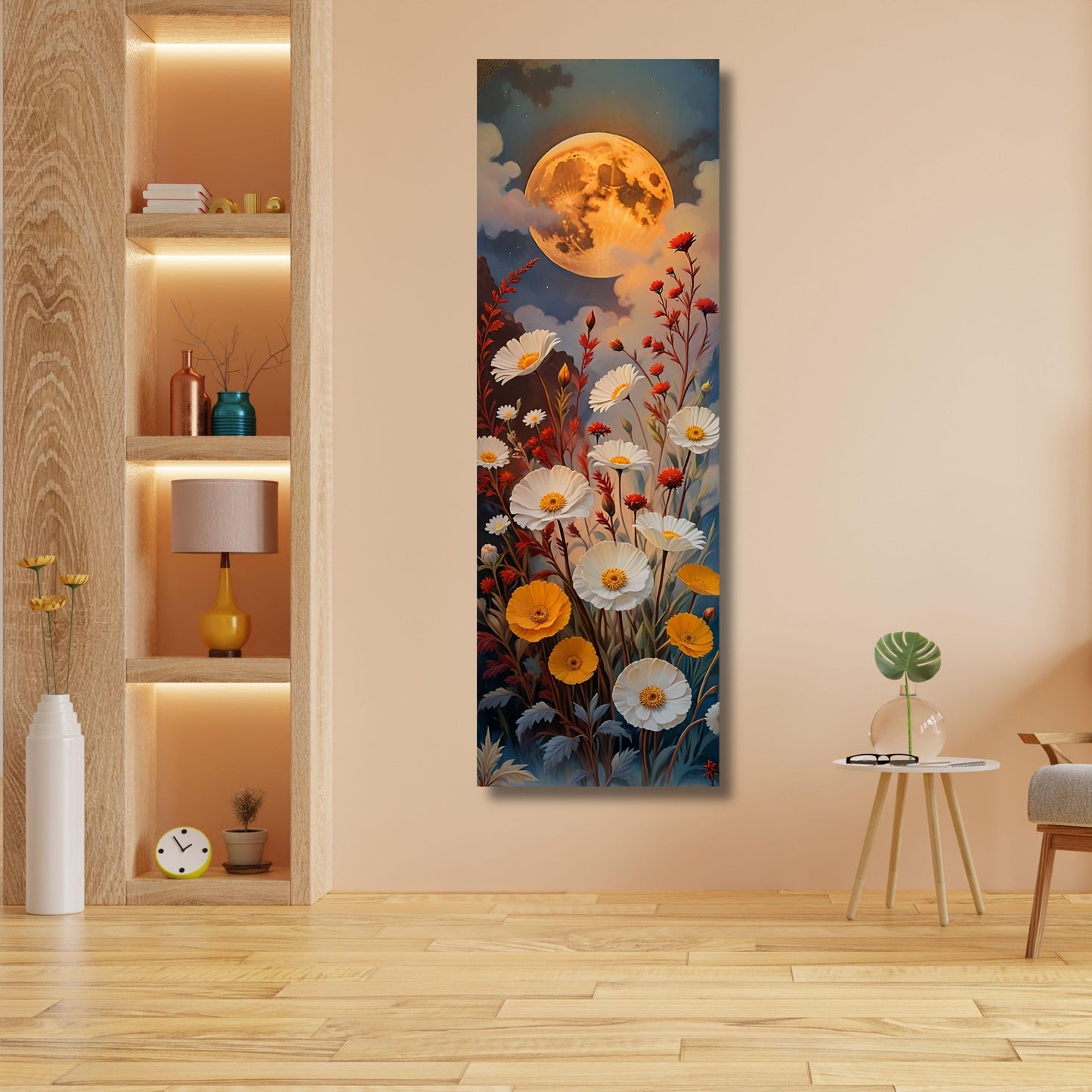 Klimt-Inspired Wildflower Canvas Art: Moonlit Forest, Rustic Mountain Decor