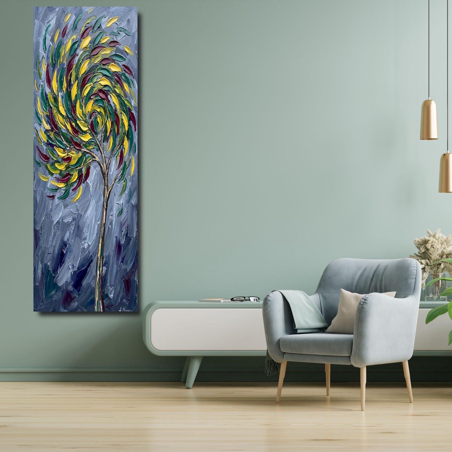 Long Narrow Canvas Wall Art Vertical Nature Print Tall Modern sun Tree or Mountain Wall Decor for Hallway,Entryway Small Space Styling Print