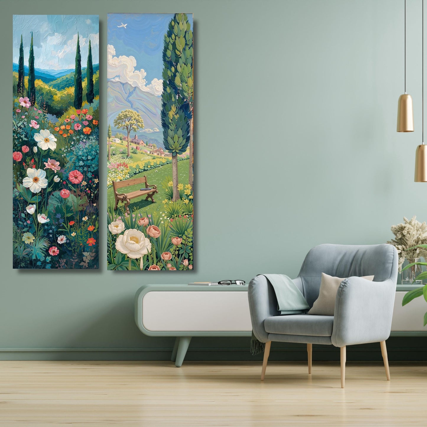 Set of 2 Long Narrow Klimt Inspired Botanical Landscape, Horizontal Large Framed Canvas Art, Oversize Nature Print with Elegant Wood Frames,