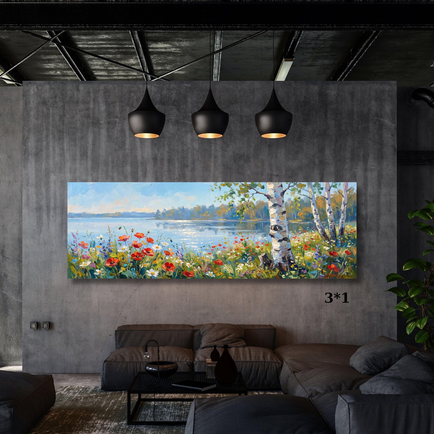 Panoramic Lake Landscape Canvas Art, Birch Tree and Red Poppies Wall Decor,Impressionist Nature Painting, Large Horizontal Living Room Decor