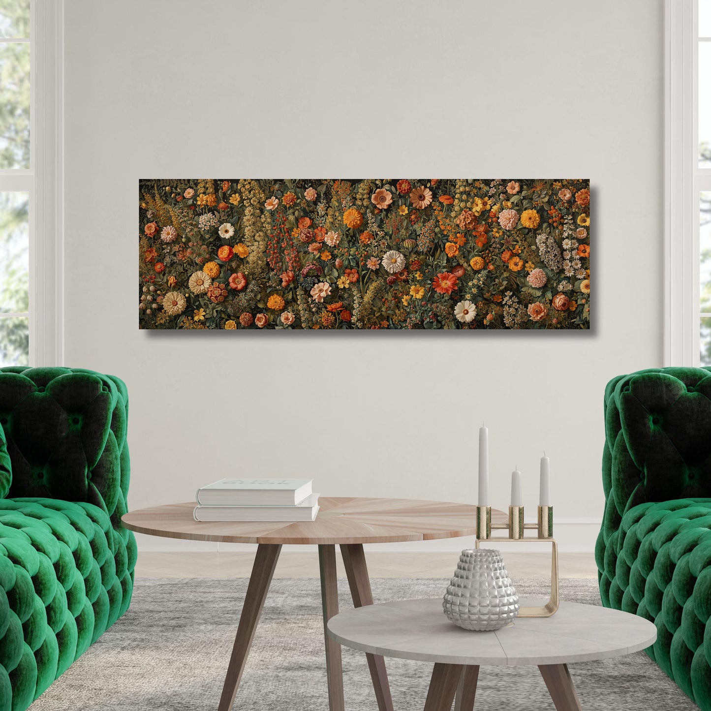 May include: A rectangular floral canvas print featuring a dense arrangement of flowers in shades of orange, yellow, and white against a dark green background. The artwork is displayed above a wooden coffee table, with green velvet armchairs on either side.