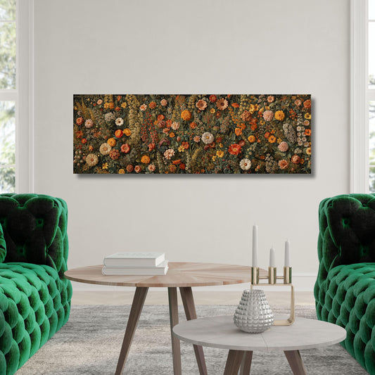 May include: A rectangular floral canvas print featuring a dense arrangement of flowers in shades of orange, yellow, and white against a dark green background. The artwork is displayed above a wooden coffee table, with green velvet armchairs on either side.