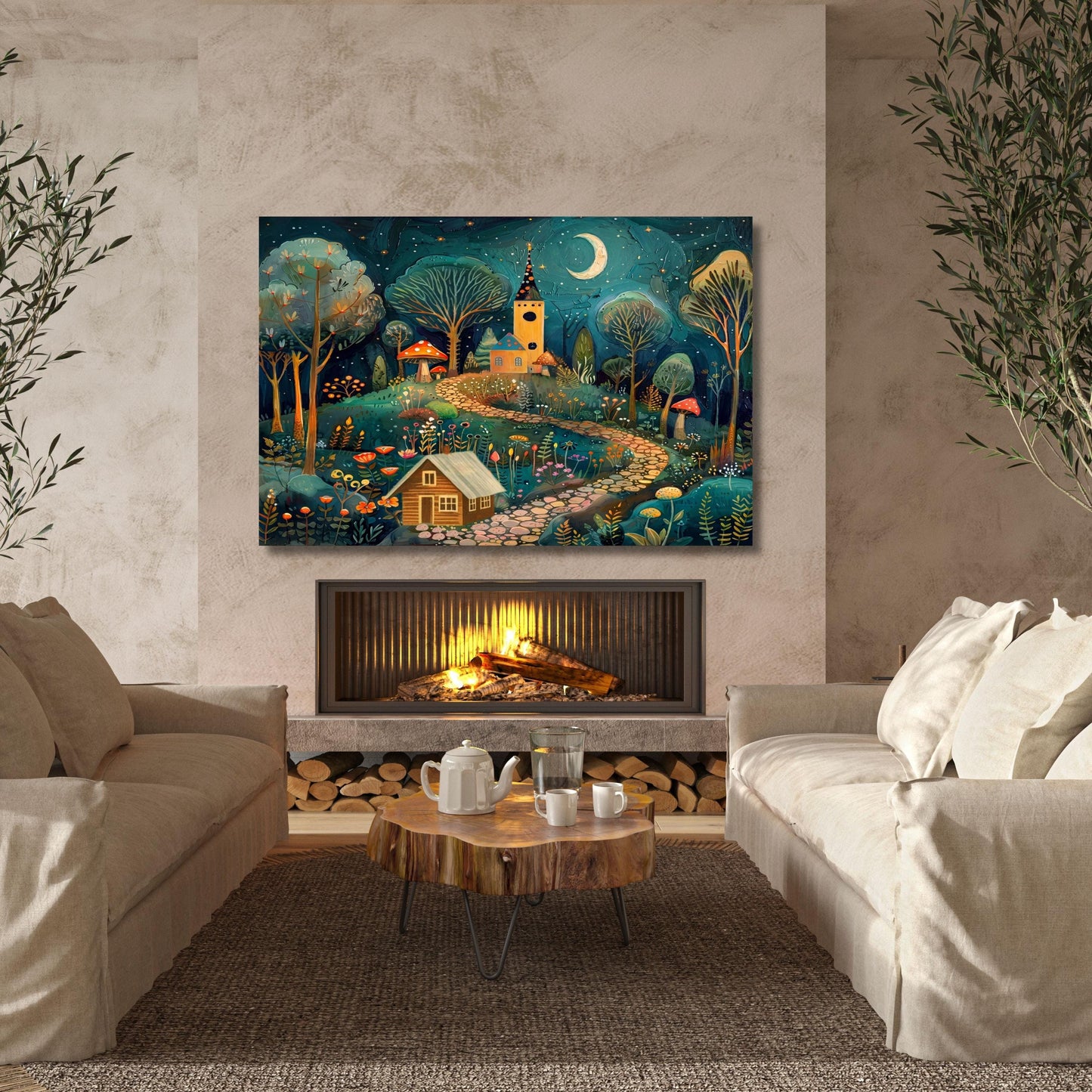 Klimt Style Whimsical Night Village Canvas Wall Art – Moonlit Forest Landscape Fantasy Decor