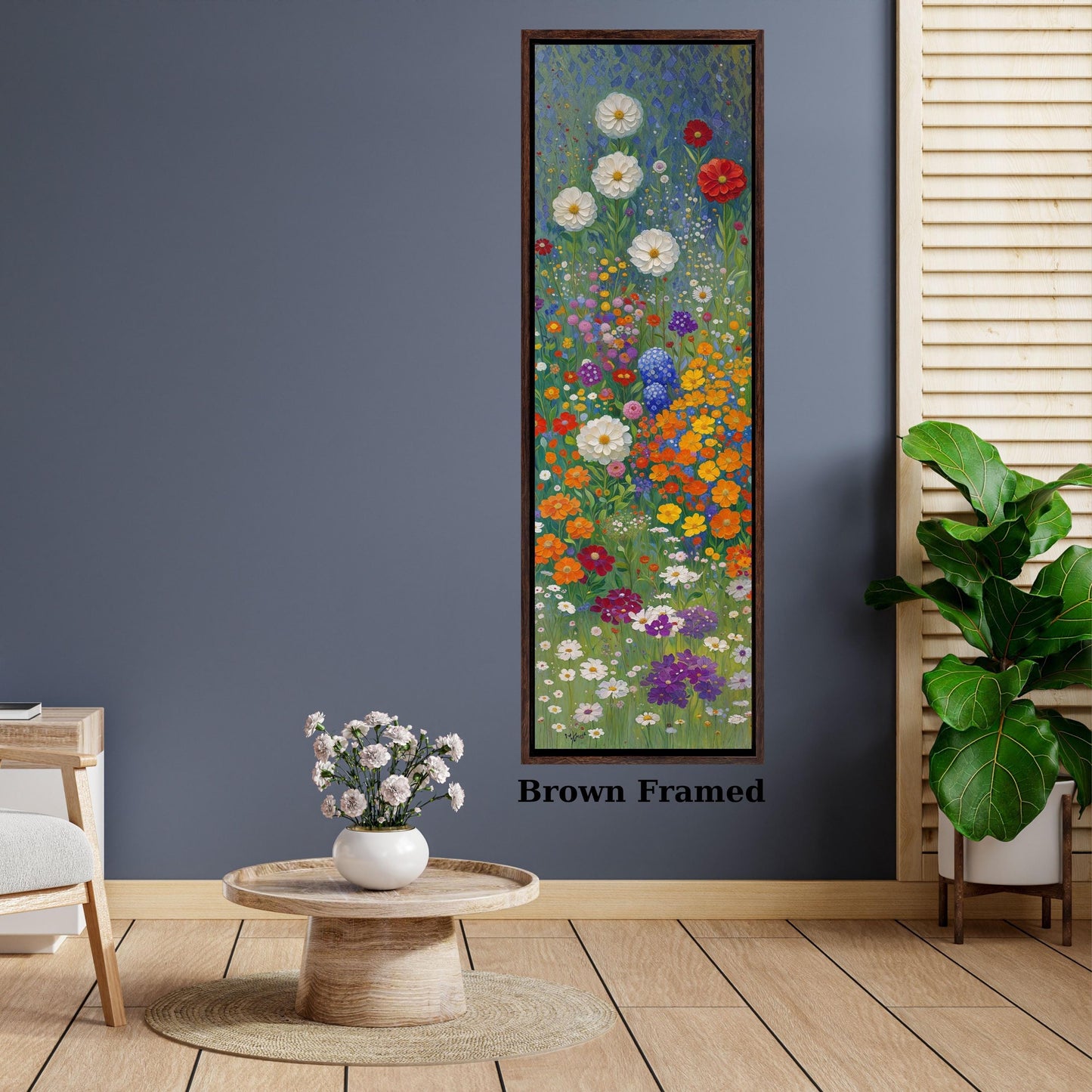 Klimt Style Wildflower Garden Tall Narrow Canvas, Botanical Nature Wall Art, Rustic Floral Vertical Print for Hallway or Bedroom art gift