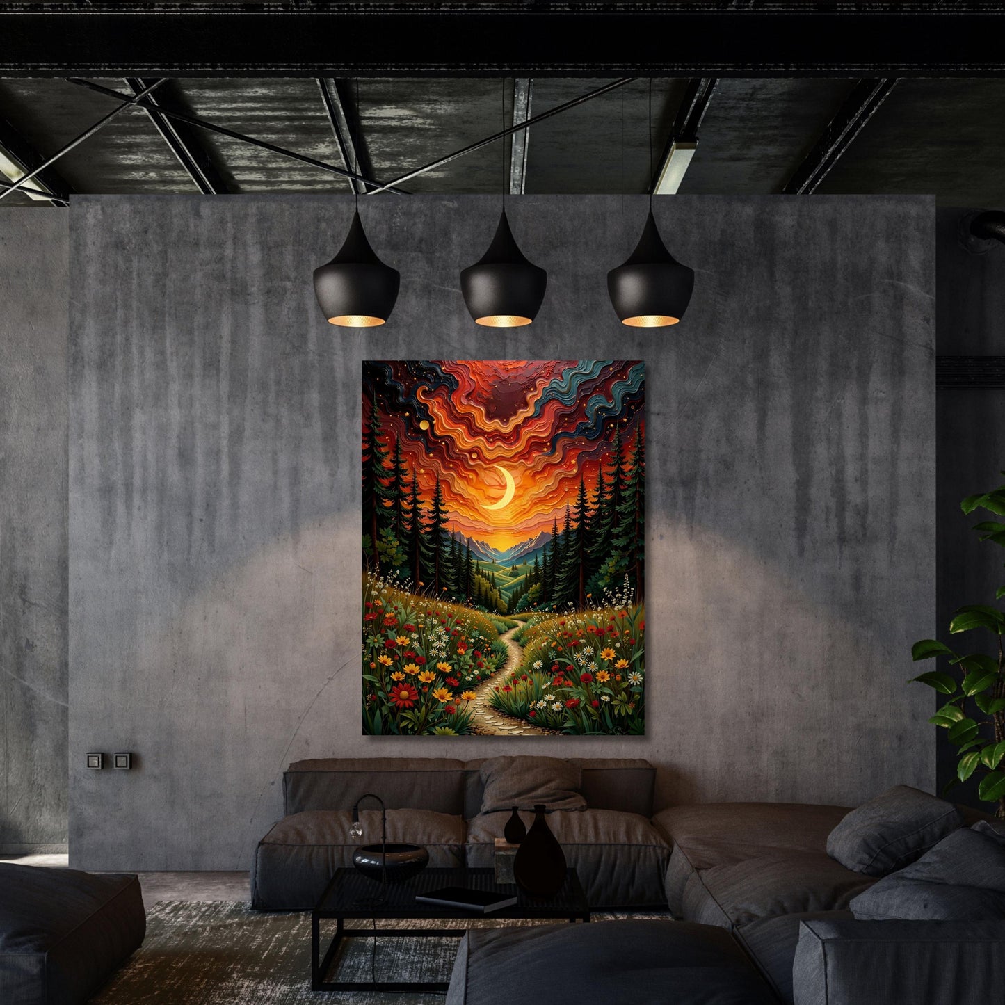 Nachtsichel-Wildblumen-Leinwandbild, von Klimt inspirierter botanischer Mond-Kunstdruck, verträumte florale Wanddekoration für Schlafzimmer, Wohnzimmer, Boho-Kunst