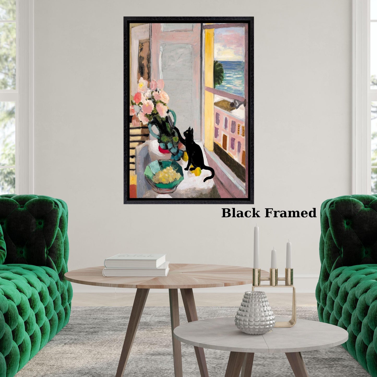 Matisse-Inspired Cat and Roses Canvas – Whimsical Still Life Wall Art