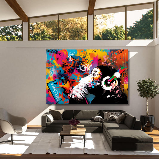 Banksy DJ Monkey Canvas Wall Art Gorilla Chimp Wall Art Banksy Thinking Monkey Music Thinker Graffiti Street Graffiti Extra Large Wall Art