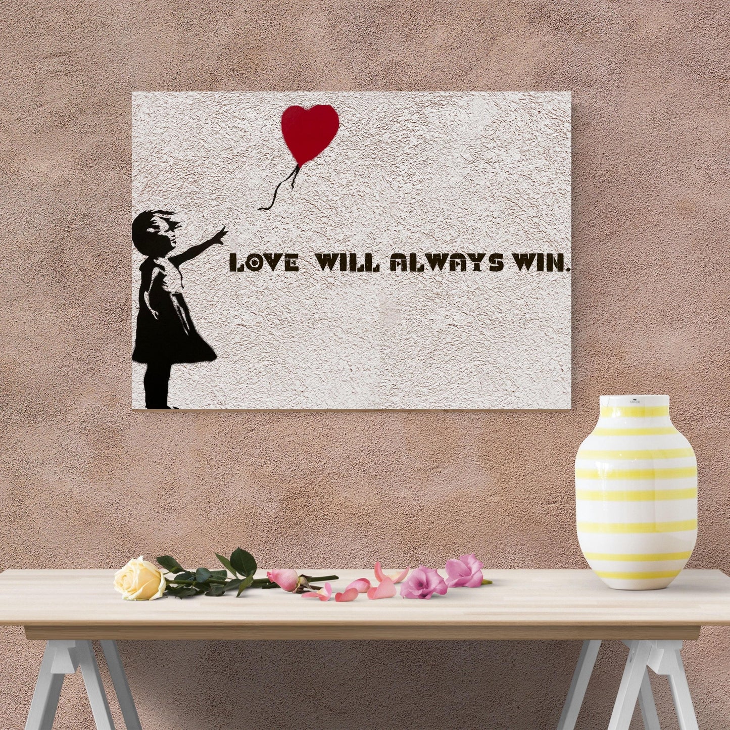 Banksy Love Will Always Win Canvas Wall Art, Girl with Heart Balloon Graffiti, Framed Ready to Hang Modern Street Art, Inspirational Poster