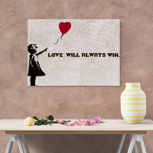 Banksy Love Will Always Win Canvas Wall Art, Girl with Heart Balloon Graffiti, Framed Ready to Hang Modern Street Art, Inspirational Poster