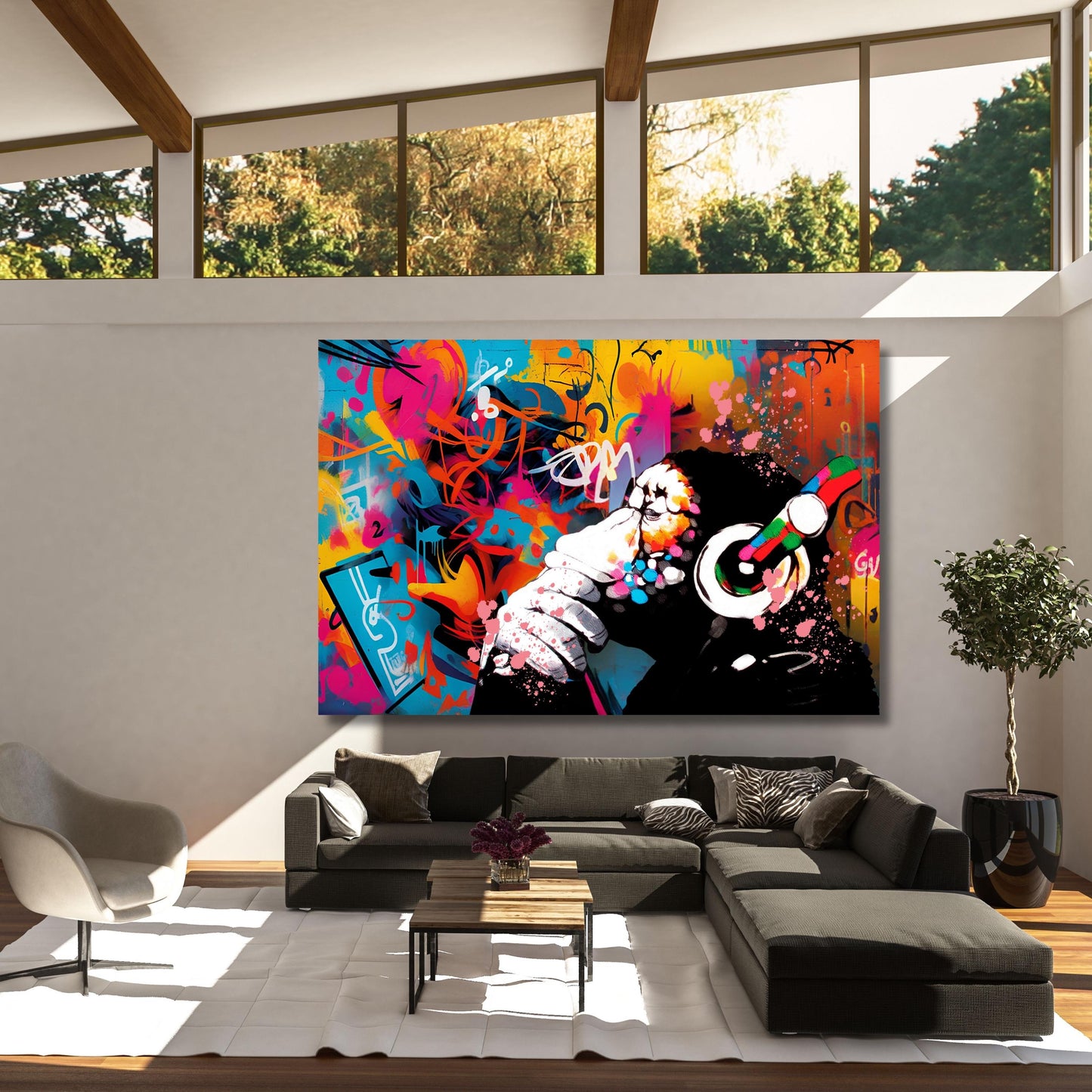 Banksy DJ Monkey Canvas Wall Art Banksy Thinking Monkey Music Thinker Graffiti Wall Art Extra Large Wall Art Gorilla Chimp Ready to Hang
