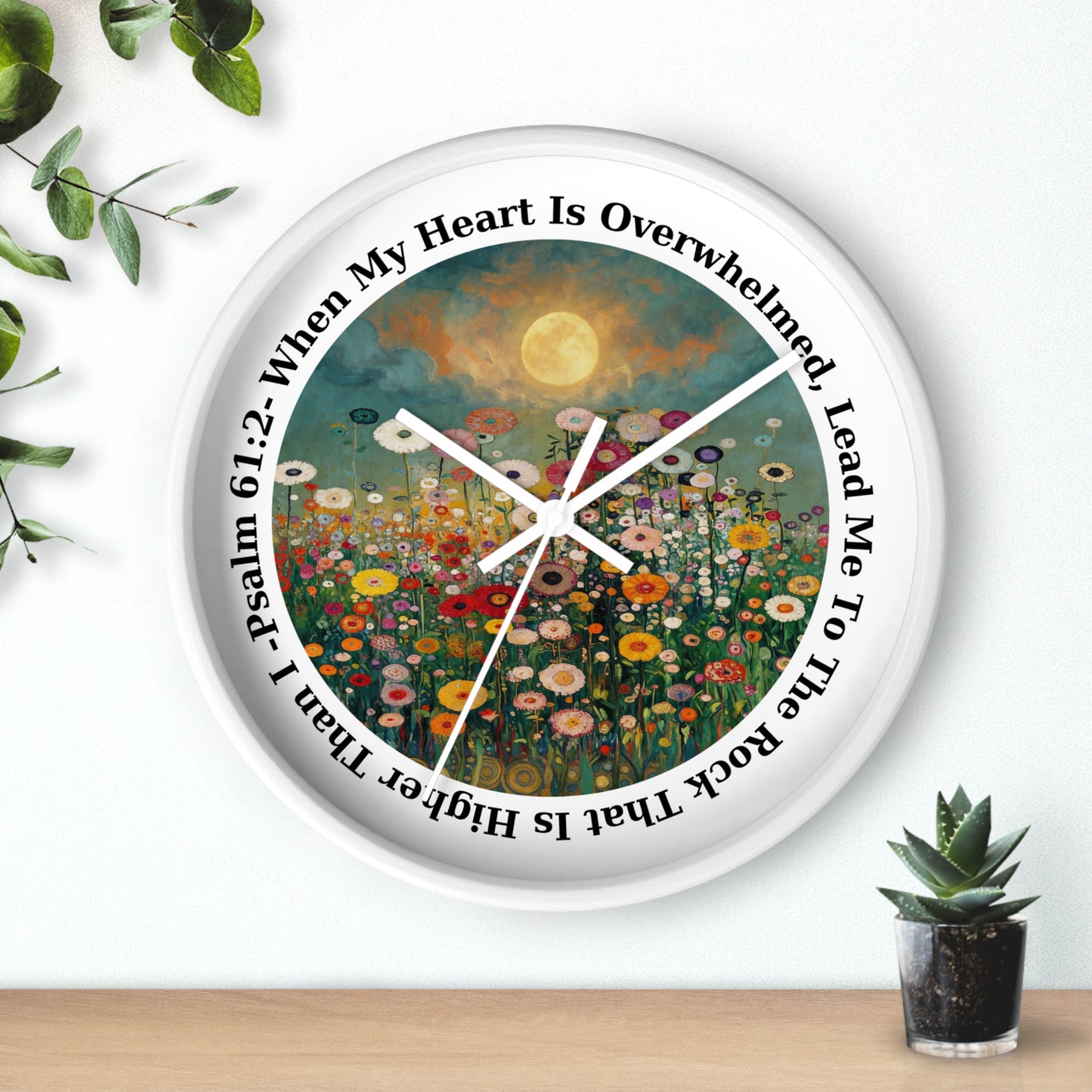 Moonlit Wildflower Field Wall Clock | Psalm 61:2 Scripture Clock