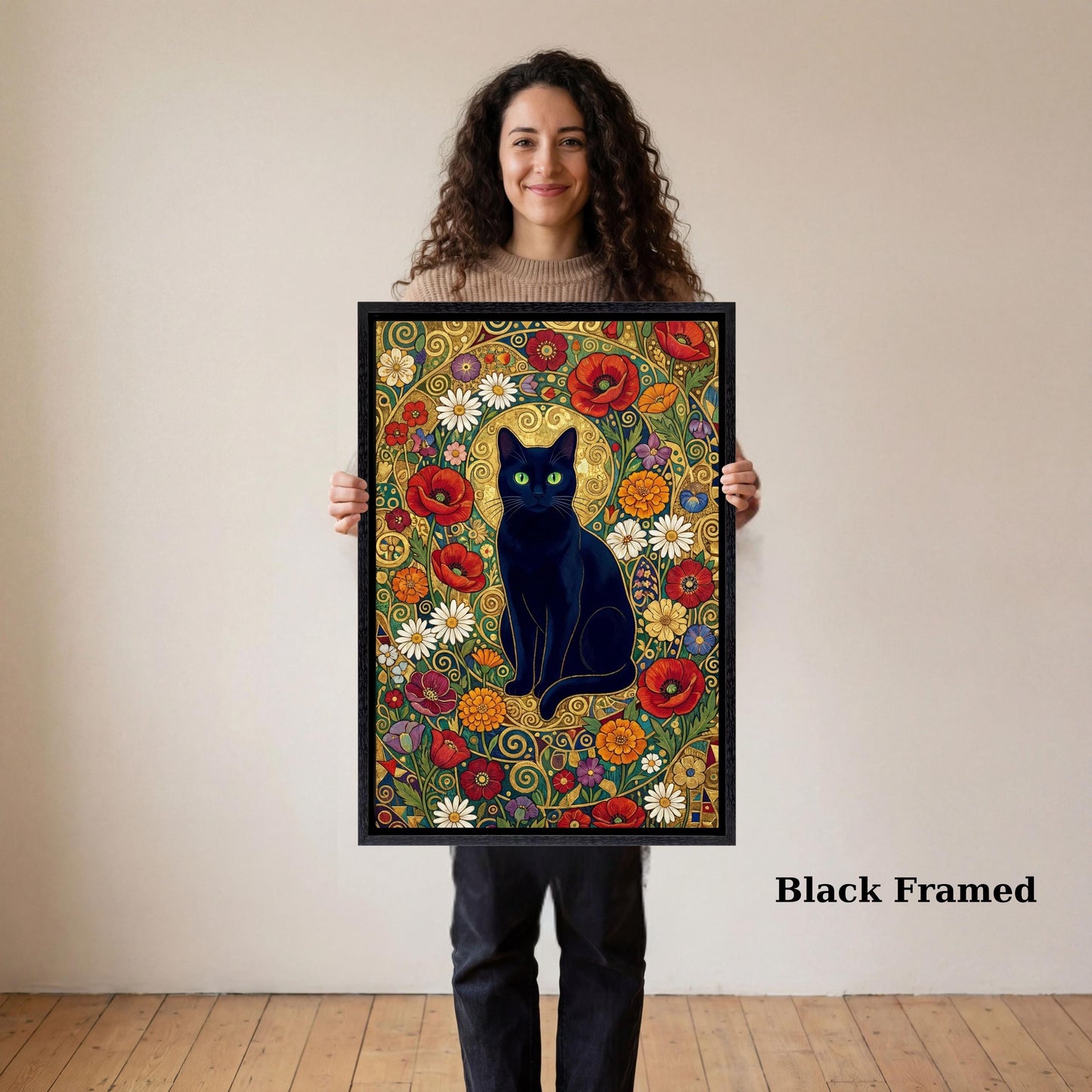Klimt Style Cat Canvas Wall Art – Golden Art Nouveau Animal Decor Print