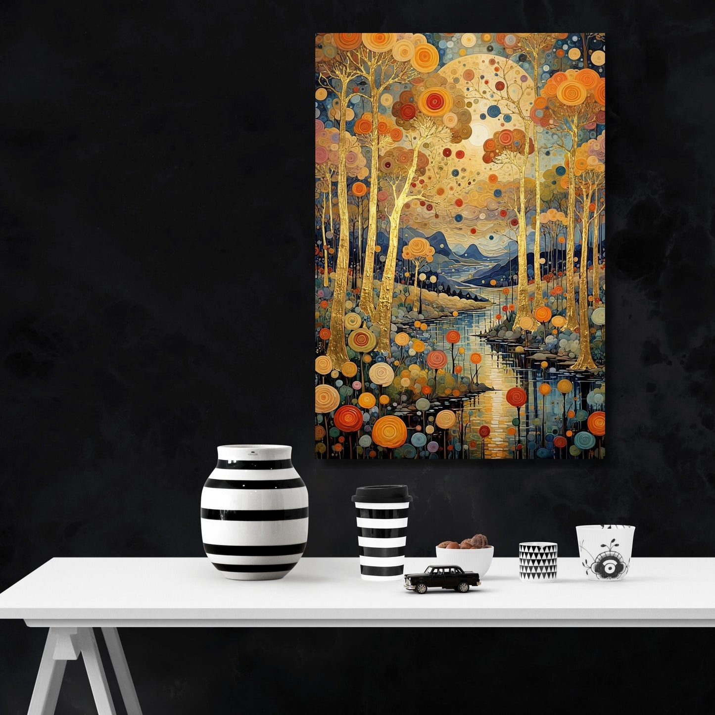 Set of 3 Gustav Klimt style Gold Night Canvas Wall Art Moon Stars Canvas Wall Art Modern Living Room Flowers Night Sky