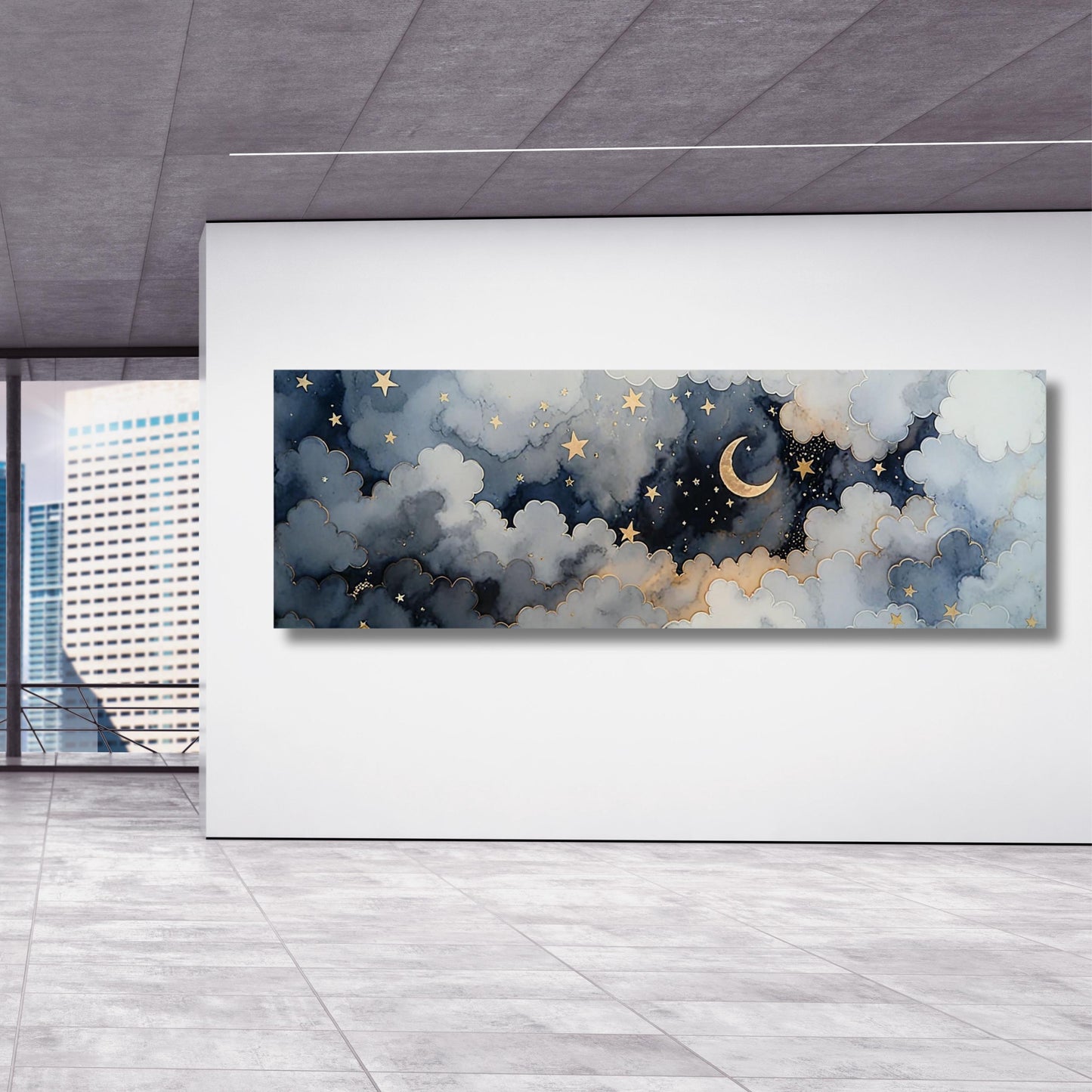 Panoramisches Sternenhimmel-Leinwandbild, Halbmond, Nachthimmel-Druck, Lebendige Himmelskunst mit Leinwanddruck