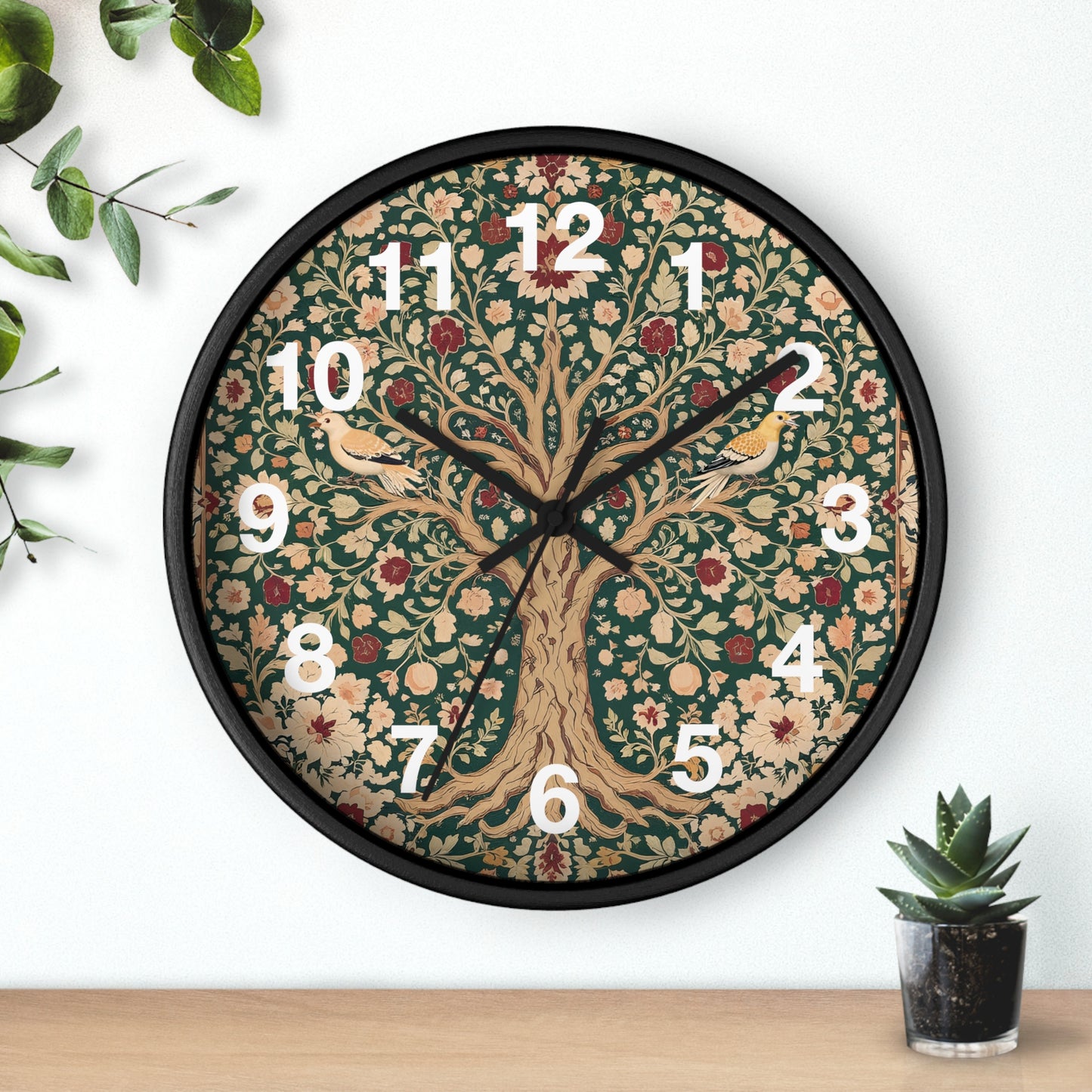 Floral Tree of Life Wall Clock | Vintage Botanical Design, Green & Red