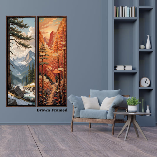 Set of 2 Tall Narrow Vintage Nature Canvas Wall Art  Long Vertical Forest Dining Room, Living Room, Office Print Long and Narrow Wall Art