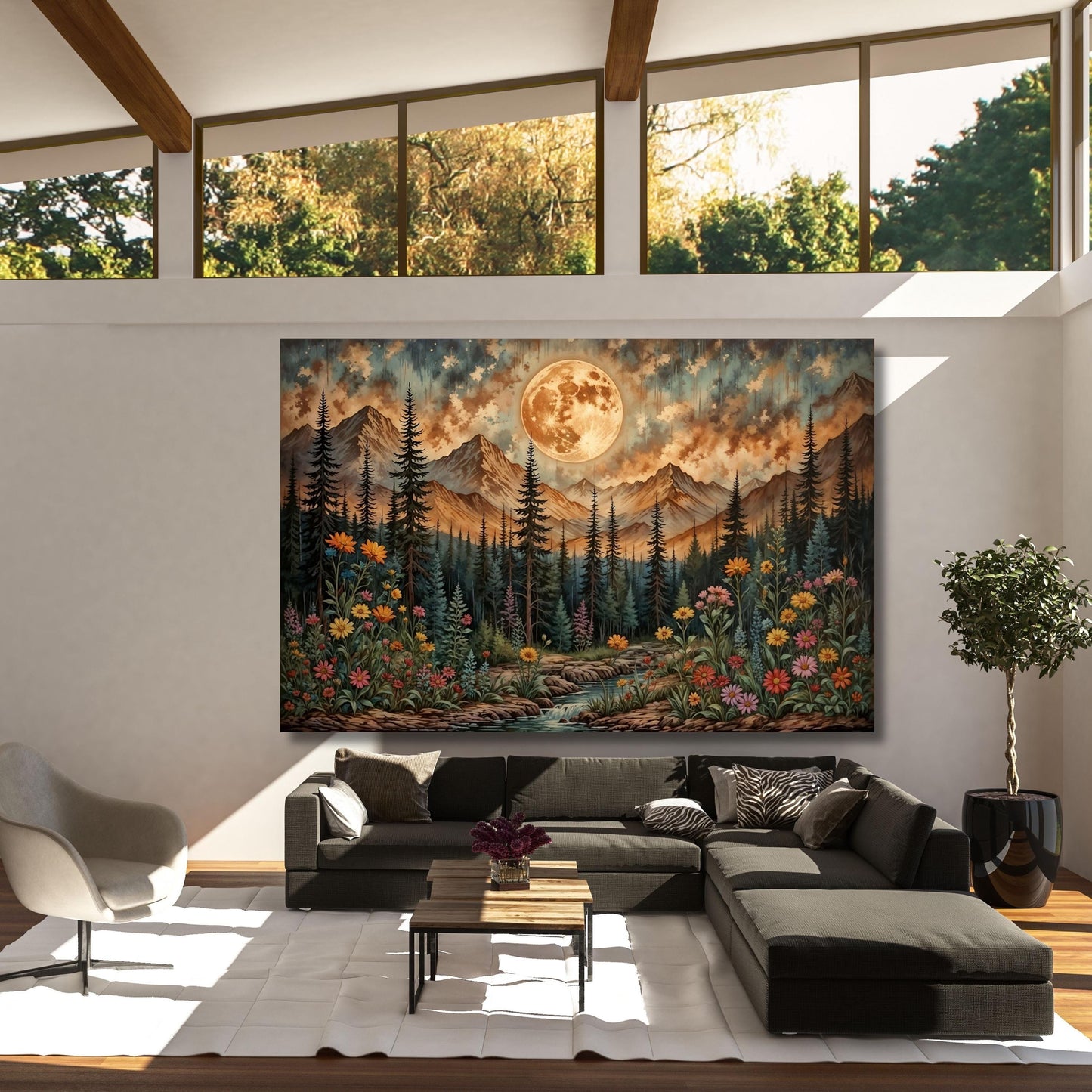 Klimt Inspired Moonlit Forest Canvas Art: Rustic Mountain Flower Print