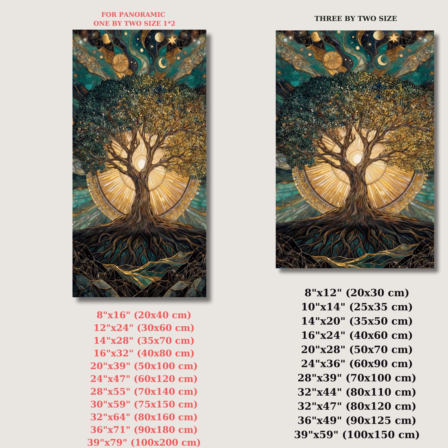 Tree of Life Canvas Wall Art,Klimt &Dali Inspired Vertical Print,Mystical Sun and Moon Wall Decor,Surreal Spiritual Tree art,Tall Gold Decor