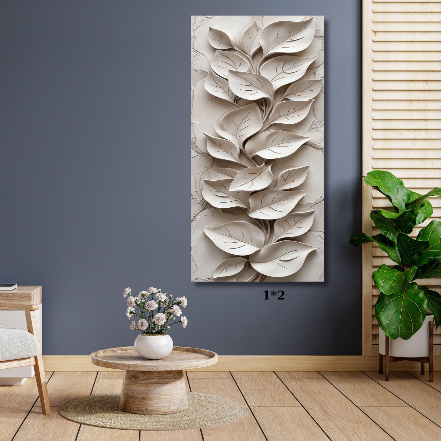 3D Look White Leaves Long Vertical Canvas Art, Modern Minimalist Botanical Wall Decor, Textured Appearance Floral Mural, Narrow Wall Art