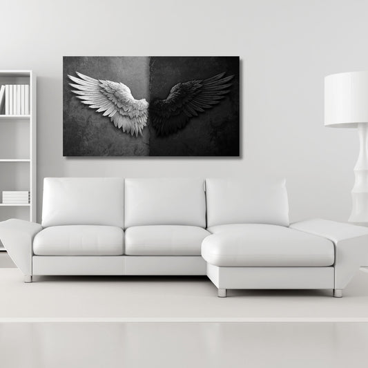 a large black and white winged artwork hanging on a white wall above a white sectional sofa in a minimalist living room setting.