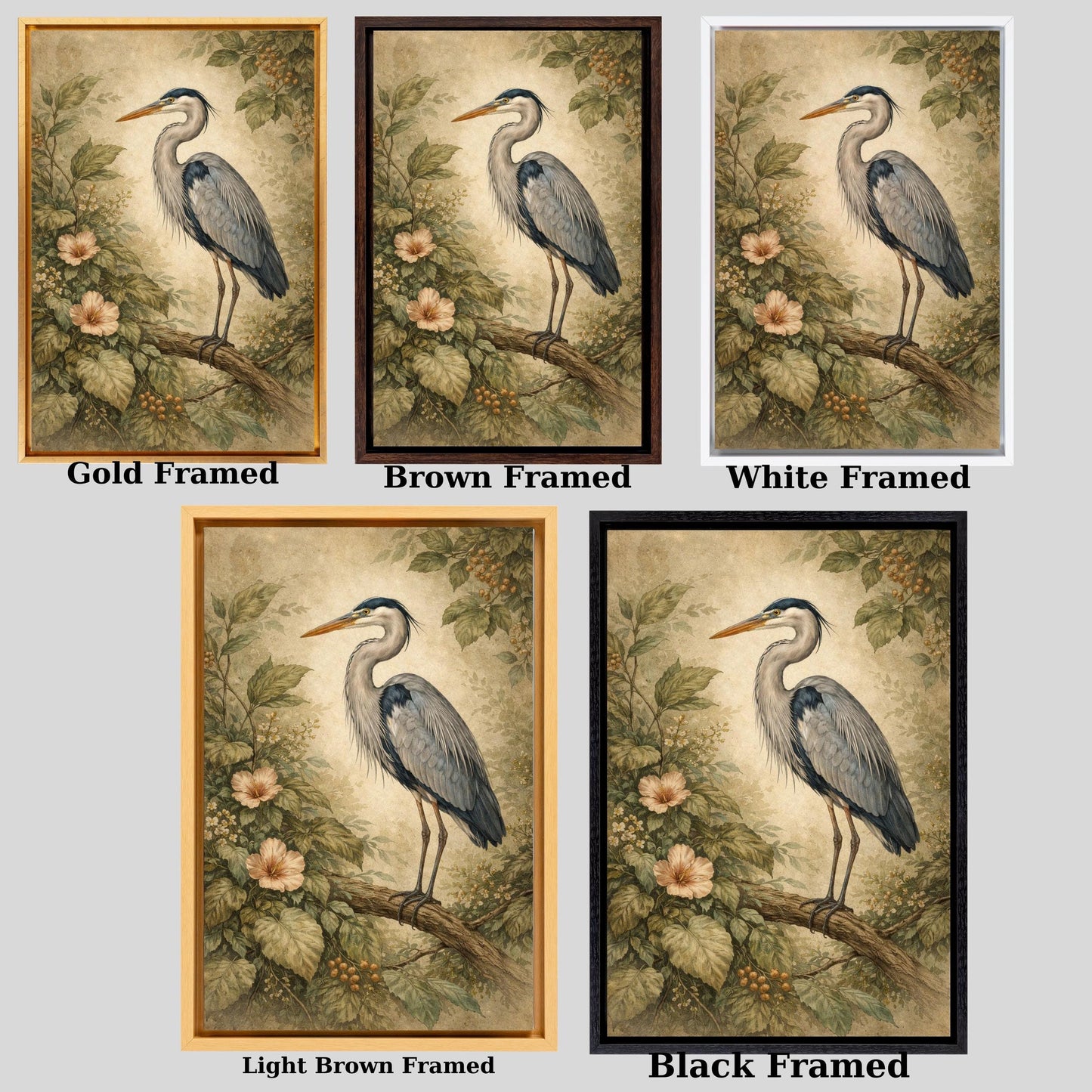 Blue Heron in Floral Garden Wall Hanging, Antique Style Bird Canvas, Sage Green and Cream Botanical Decor, Sophisticated Living Room Focal