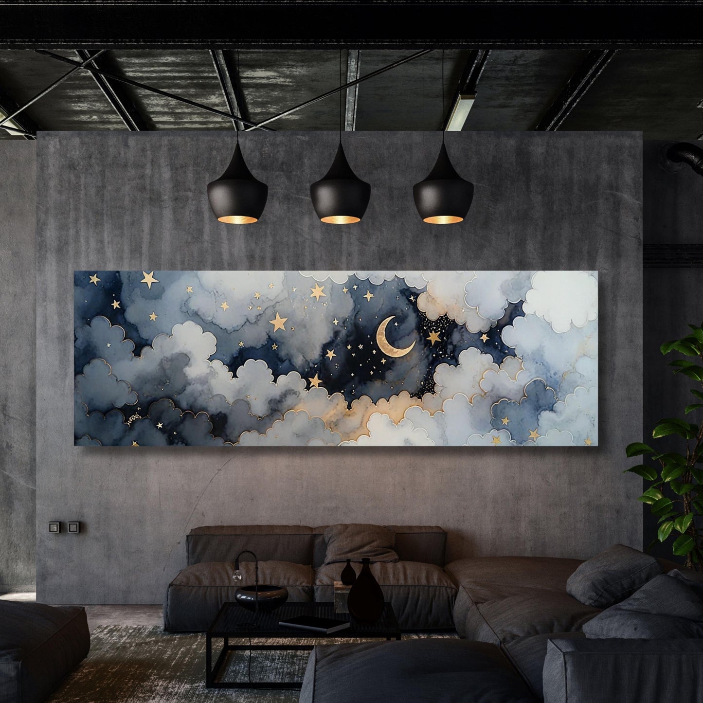 Panoramisches Sternenhimmel-Leinwandbild, Halbmond, Nachthimmel-Druck, Lebendige Himmelskunst mit Leinwanddruck