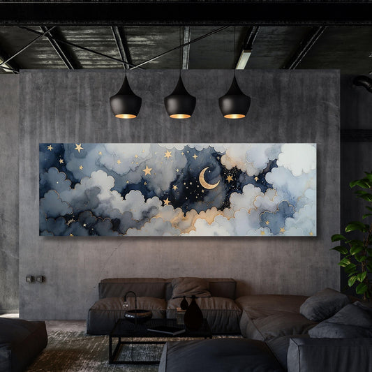 Panoramic Starry Night Canvas Canvas Wall Art Crescent Moon, Night Sky Print,Vibrant Celestial Artwork with Print Canvas art