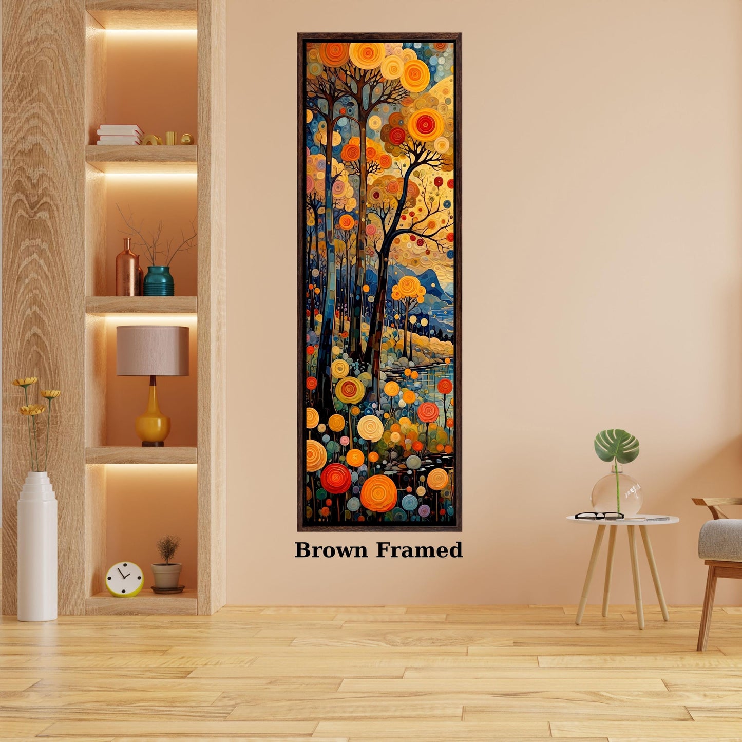 Klimt Style Long Canvas Wall Art, Vertical Waterfall Landscape Painting, Impressionist Forest and Mountain Decor, Tall Narrow Canvas Print