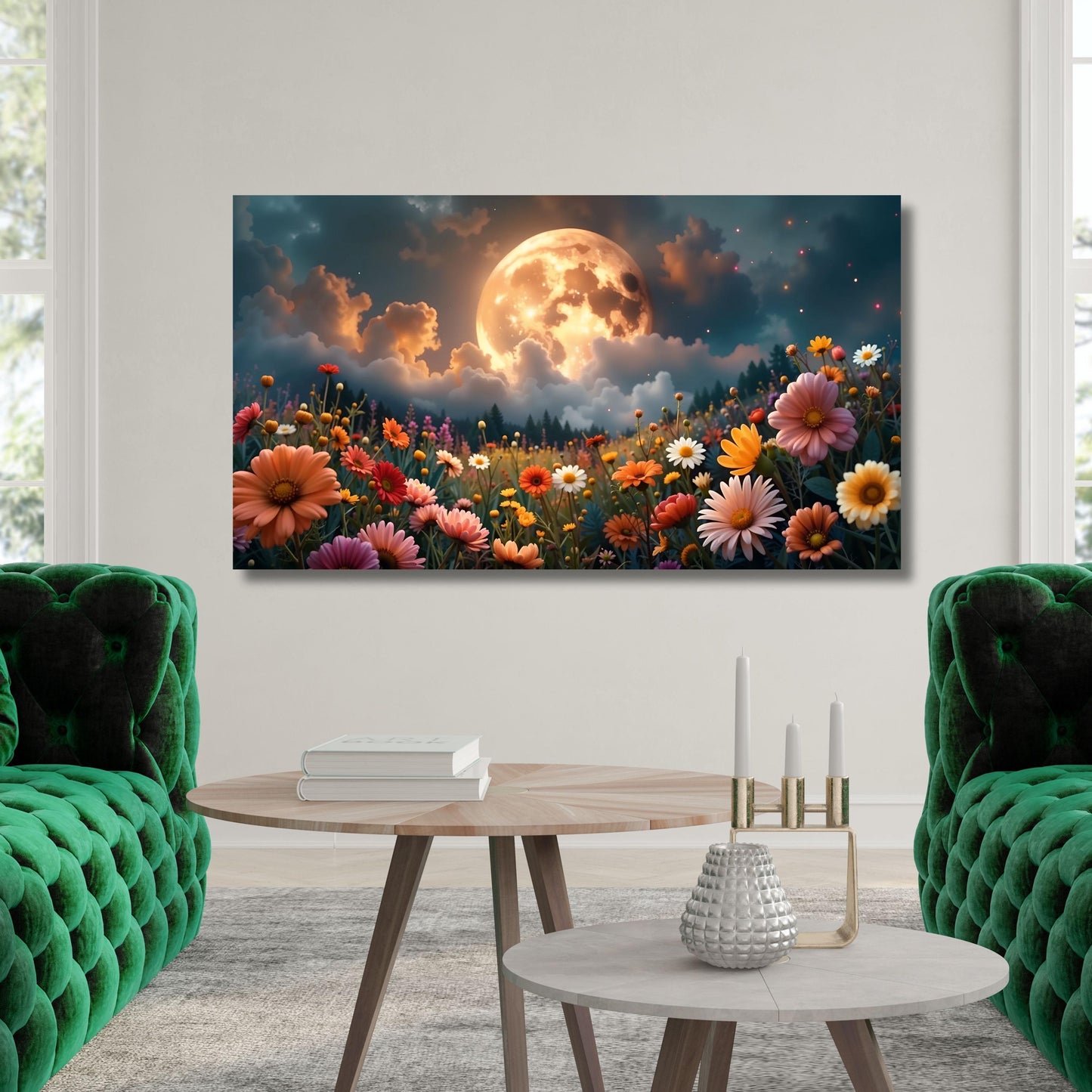 Full Moon Wildflower Canvas, Flower Garden Flower Market canvas, Moonlit Pine Tree Forest wall Art, Rustic Mountain Art, Woodland Klimt Gift