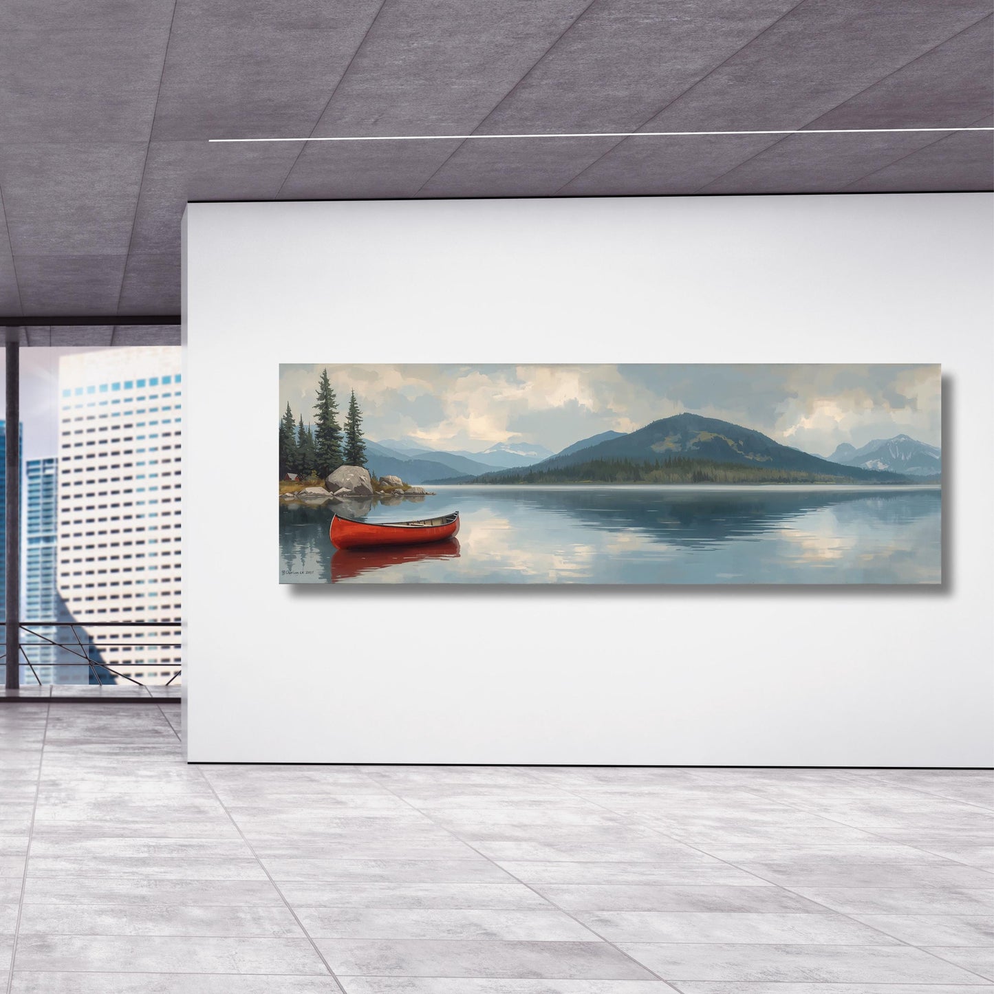 Lone Wooden Red Canoe Floating In Lake Canvas Wall Art Art, Oversize Nature Print with Elegant Modern Wall Hangings Klimt Landscape