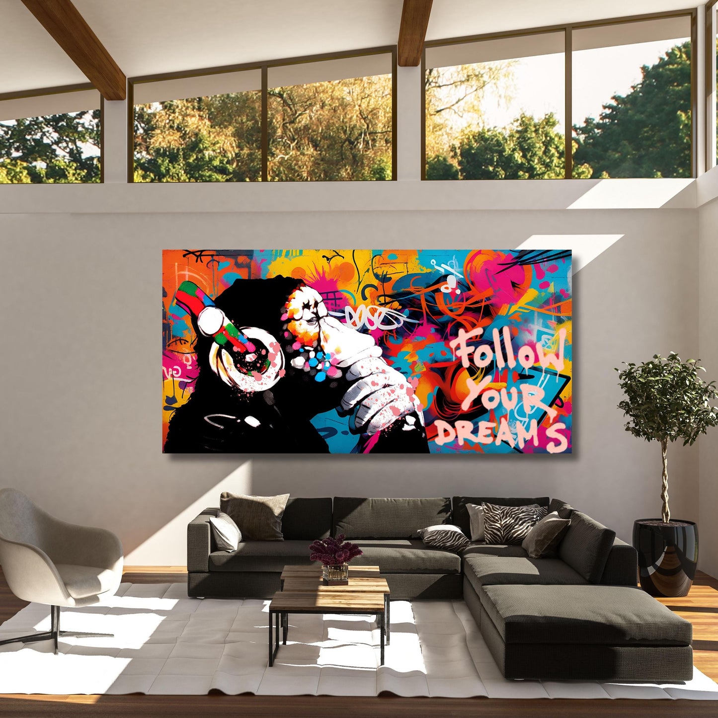 Banksy DJ Monkey Canvas Wall Art Banksy Thinking Monkey Music Thinker Graffiti Wall Art Extra Large Wall Art Gorilla Chimp Ready to Hang
