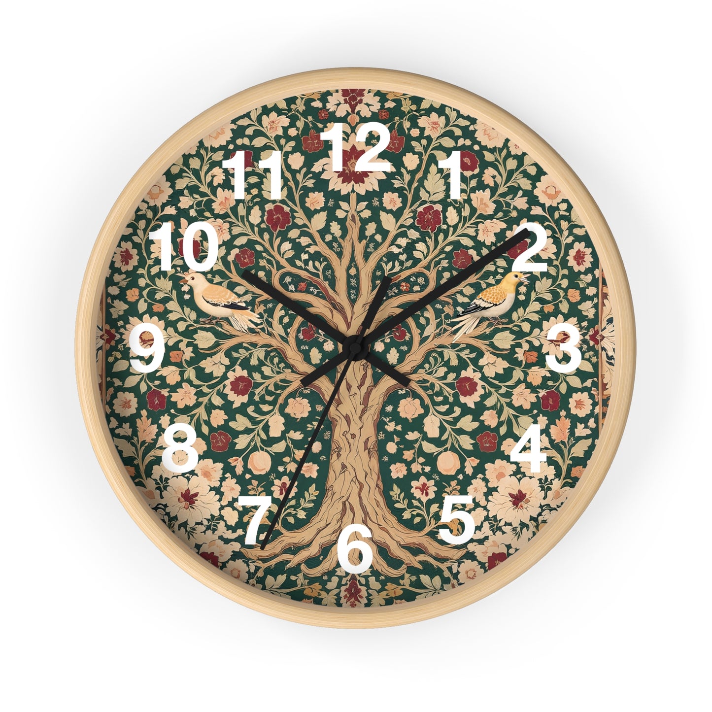 Floral Tree of Life Wall Clock | Vintage Botanical Design, Green & Red