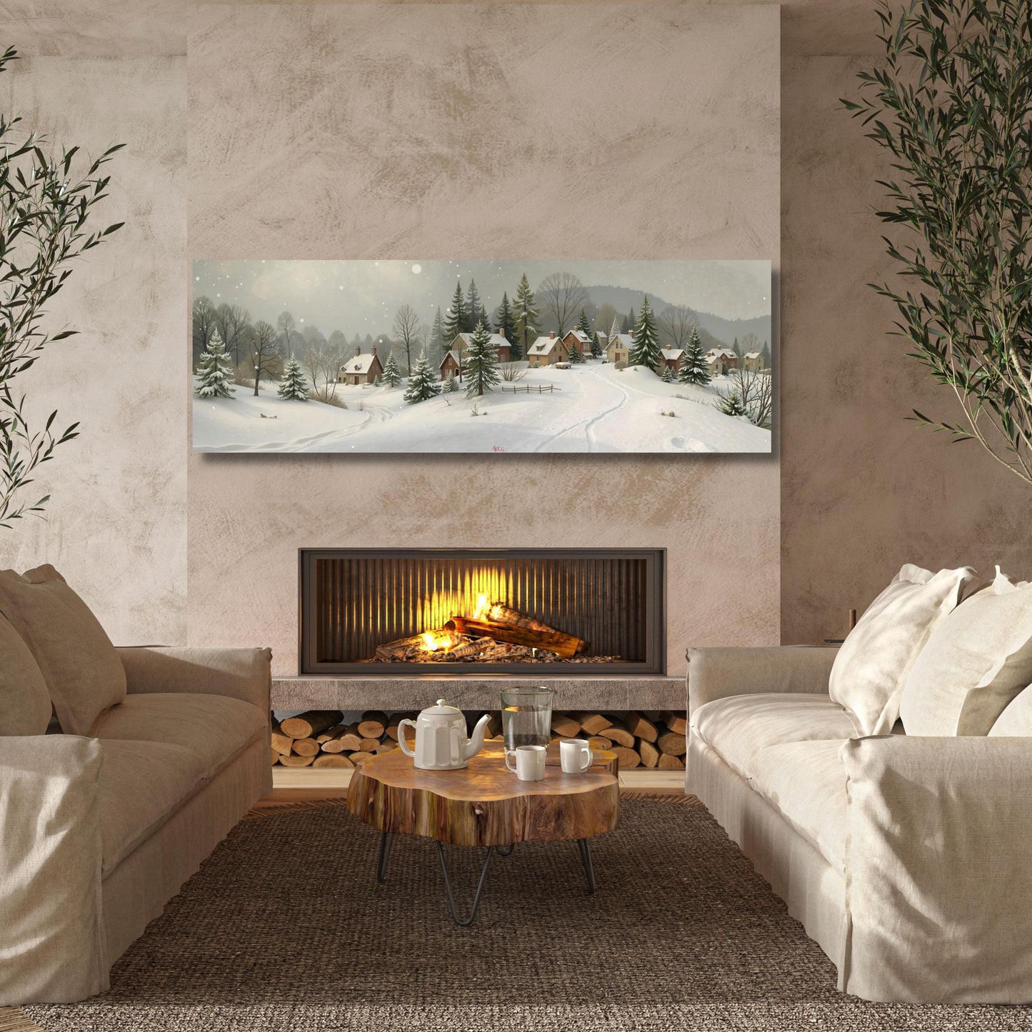 Cozy Winter Village Scene Canvas Wall Art – Snow Covered Homes Wall Art, Rustic Holiday Christmas Decor