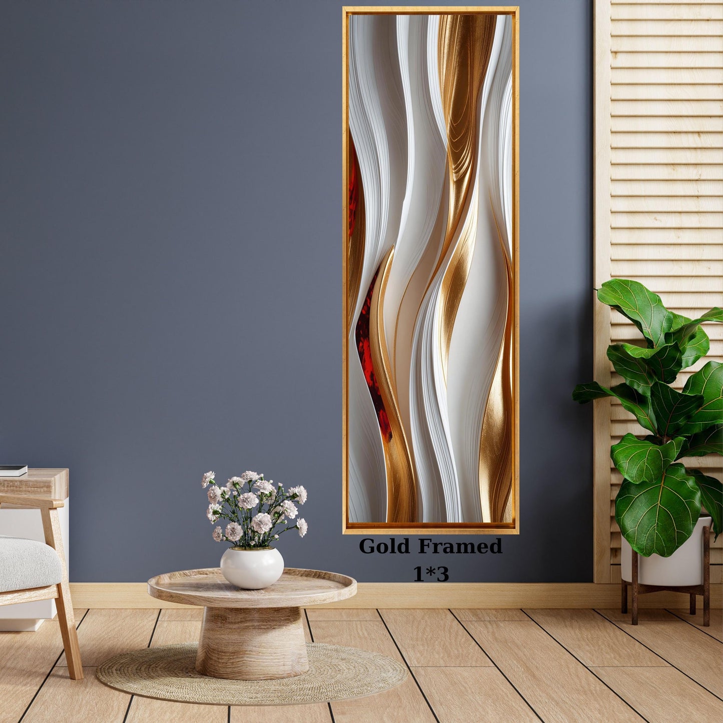 Long Vertical Abstract Wall Art, Gold and White Flow Canvas, Framed Modern Narrow Decor