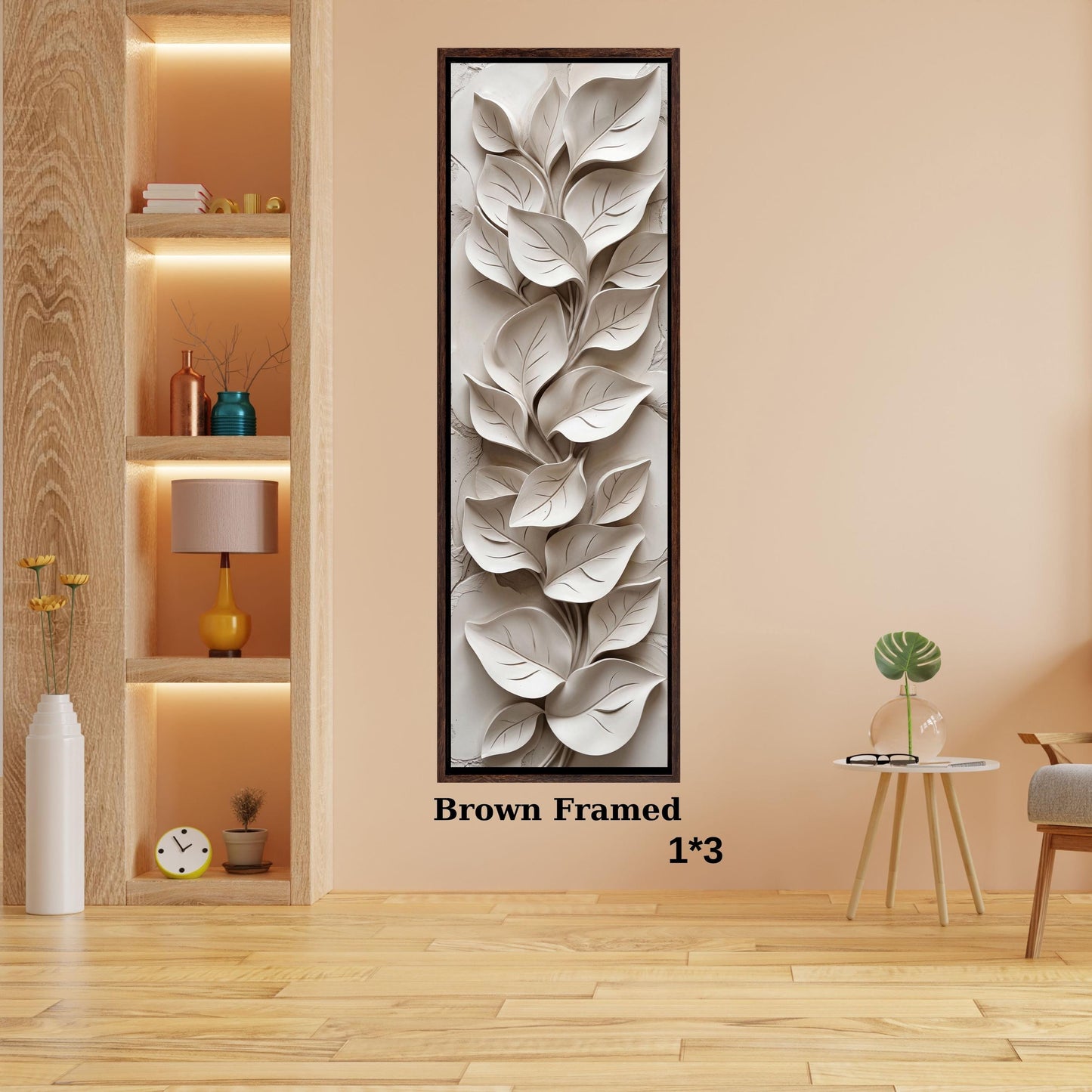 3D Look White Leaves Long Vertical Canvas Art, Modern Minimalist Botanical Wall Decor, Textured Appearance Floral Mural, Narrow Wall Art